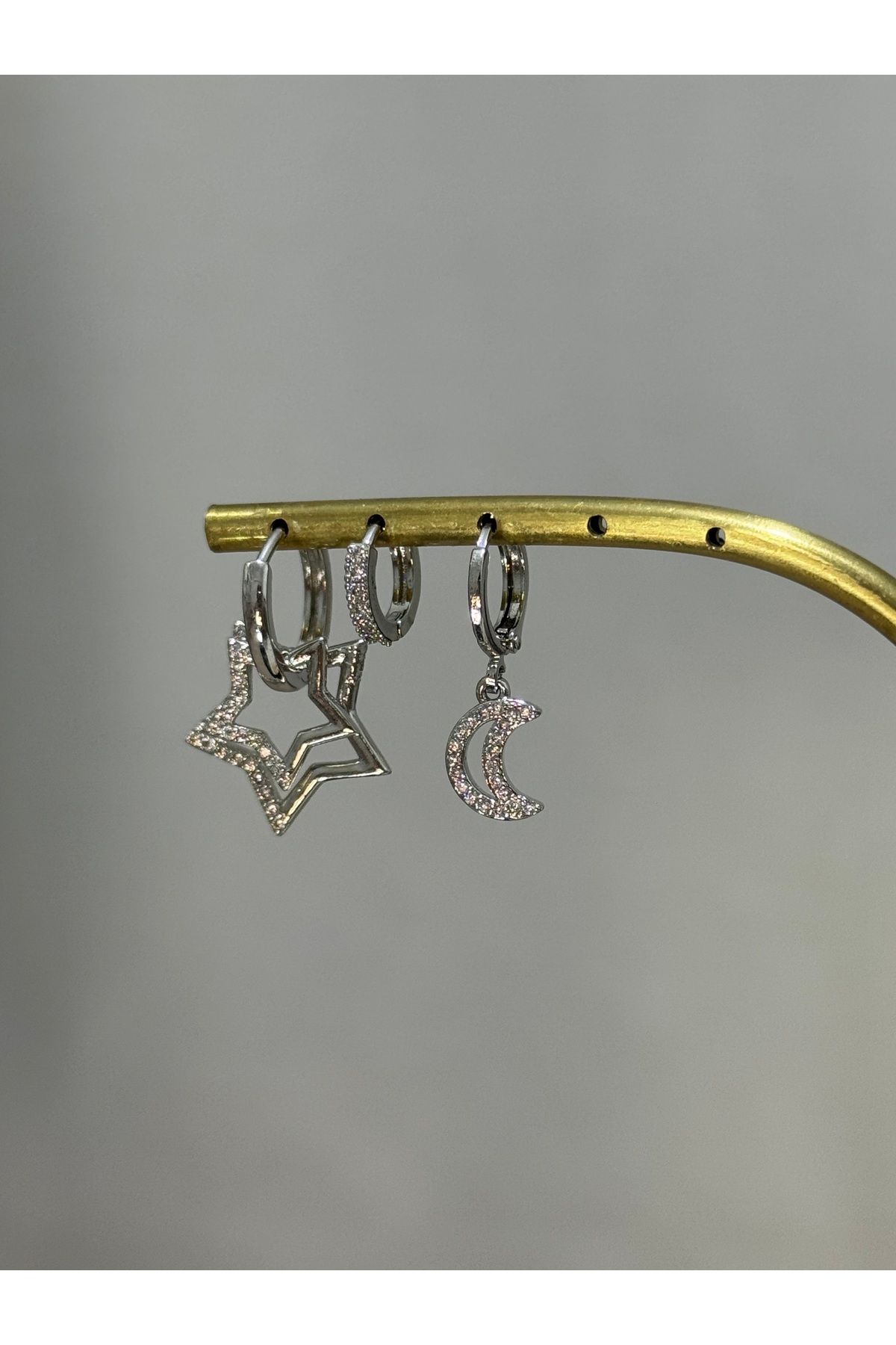 XUPING JEWELRY 316L ay yıldız detaylı taşlı üçlü çelik küpe paslanmaz kararmaz