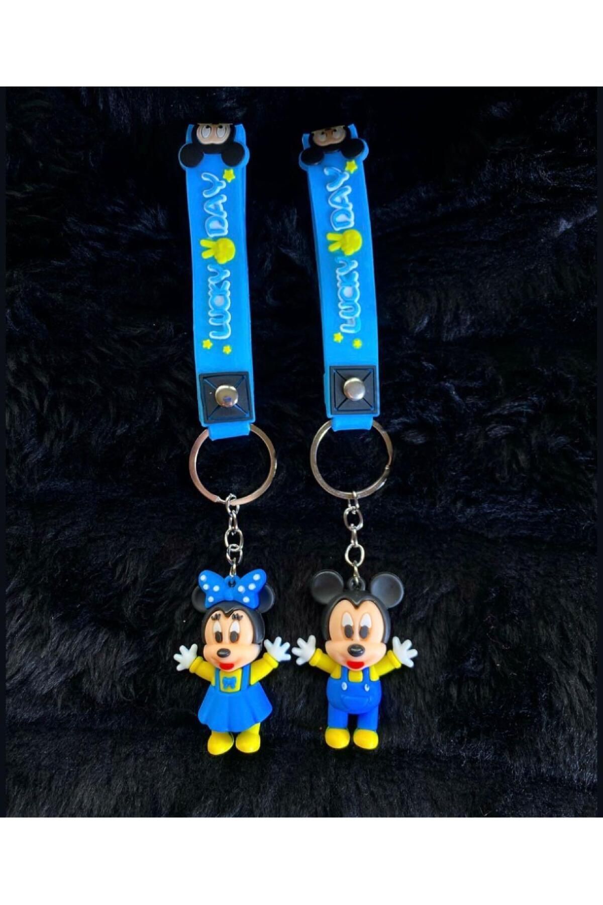 AyKoş aksesuar Sevimli Mickey Mouse Mavi Renk 2 Adet Çift Anahtarlık Ve Çanta Aksesuarı