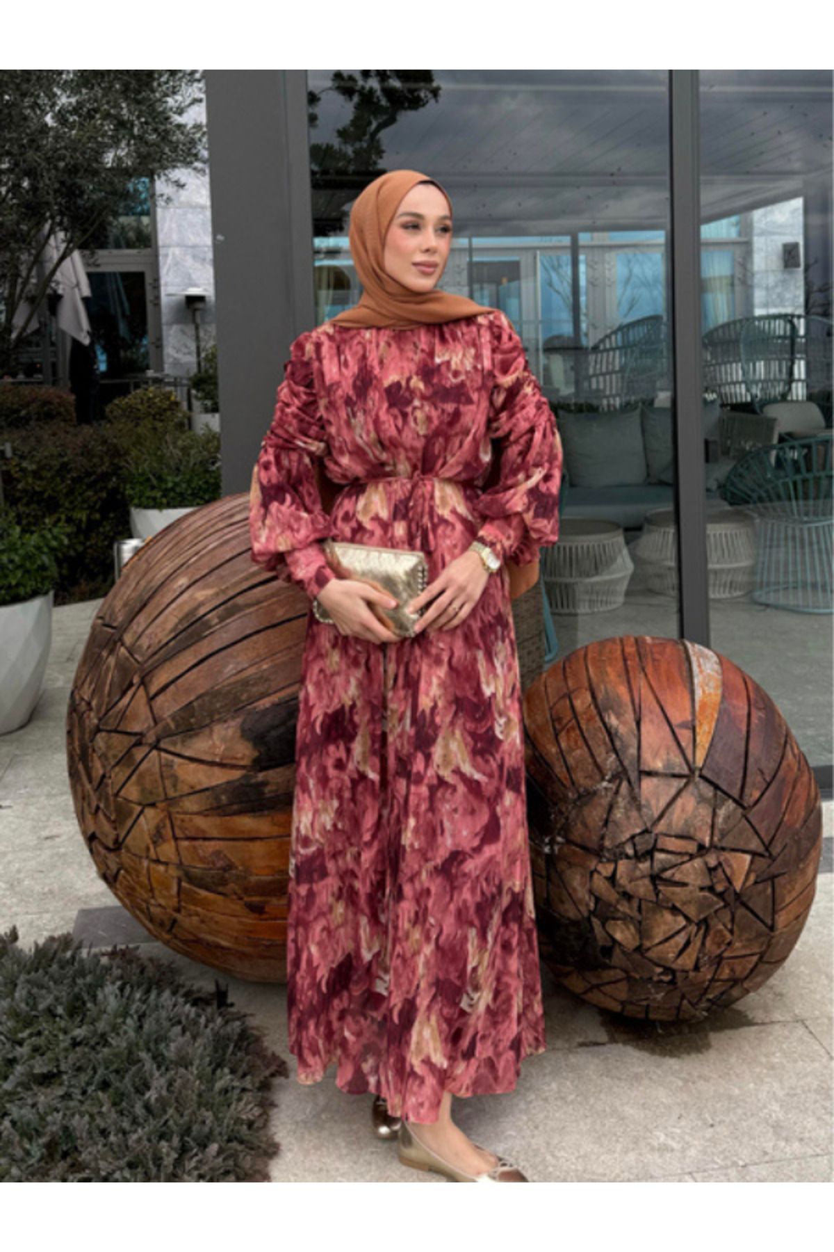 Didem Ateş Butik Bordo Renkli Şifon Elbise