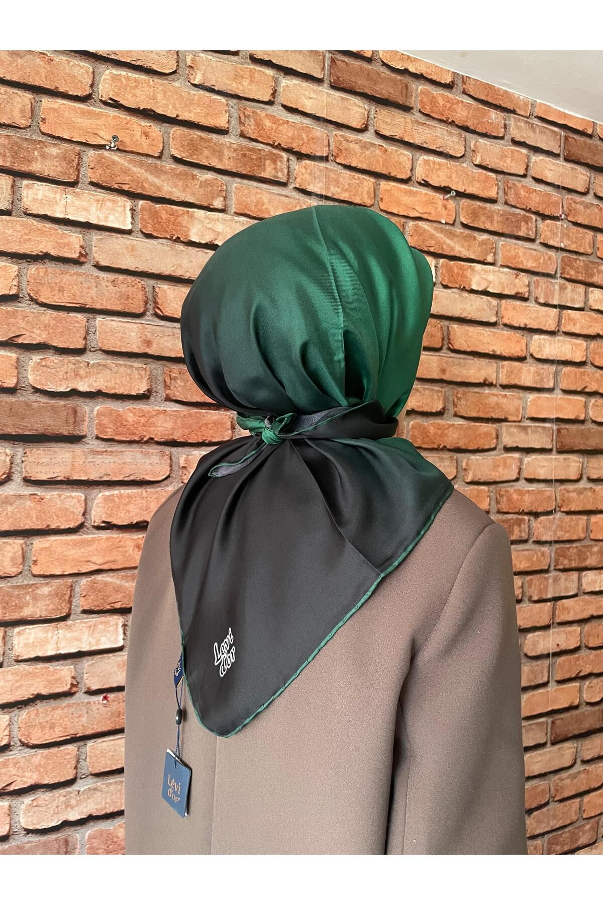 Levidor yeşil siyah geçişli twill ipek eşarp