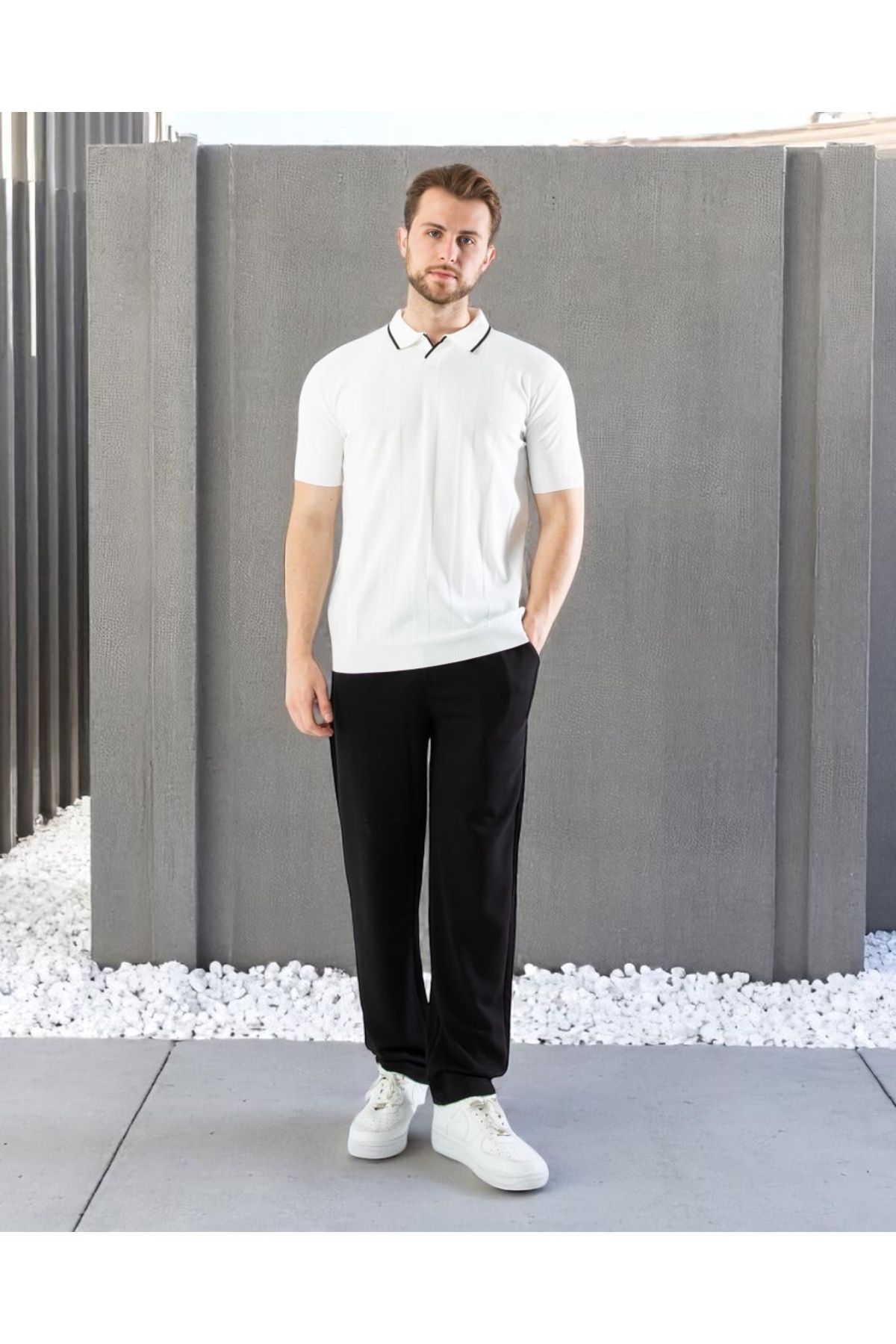 VOGUEMET Erkek Polo Yaka Örgü Tişört | Dikey Desenli Kısa Kollu Yazlık Model