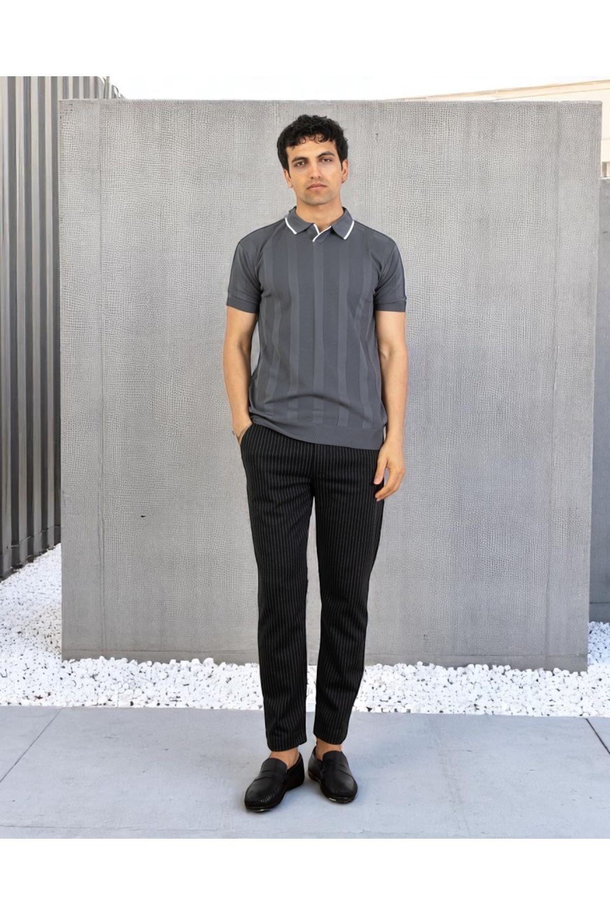 VOGUEMET Erkek Polo Yaka Örgü Tişört | Dikey Desenli Kısa Kollu Yazlık Model