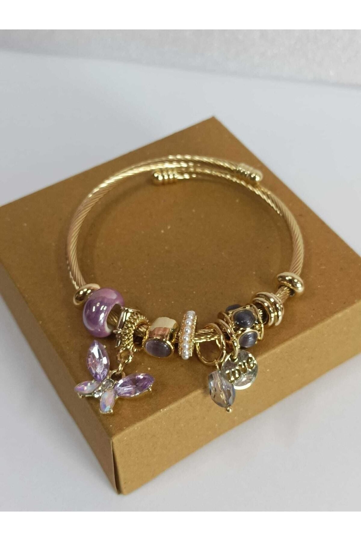 HEDİYEBOHÇAM Pembe Gold Kelebek Charmlı Bileklik