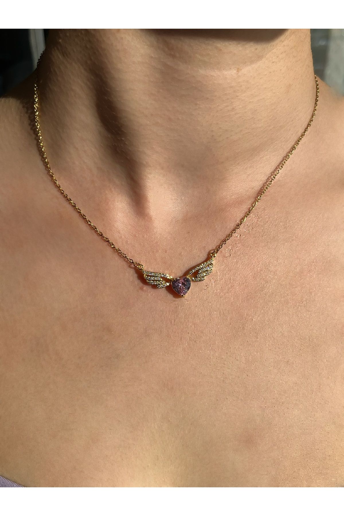 B&E SHİNE JEWERLY Kararmaz Çelik Zirkon Taş Detay Melek Kanatı Kolye