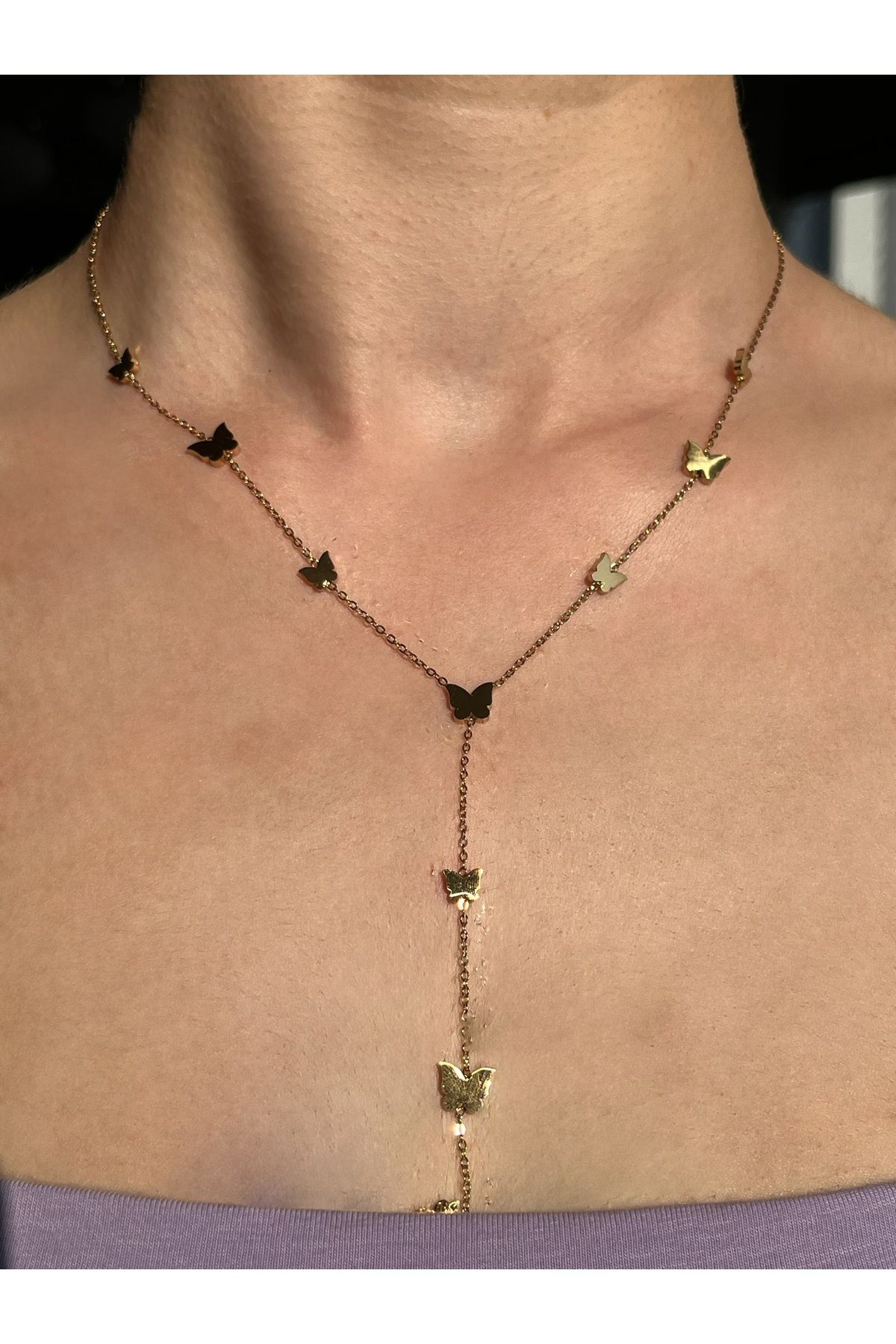 B&E SHİNE JEWERLY Kararmaz Çelik Kelebek Detay Y Model Kolye