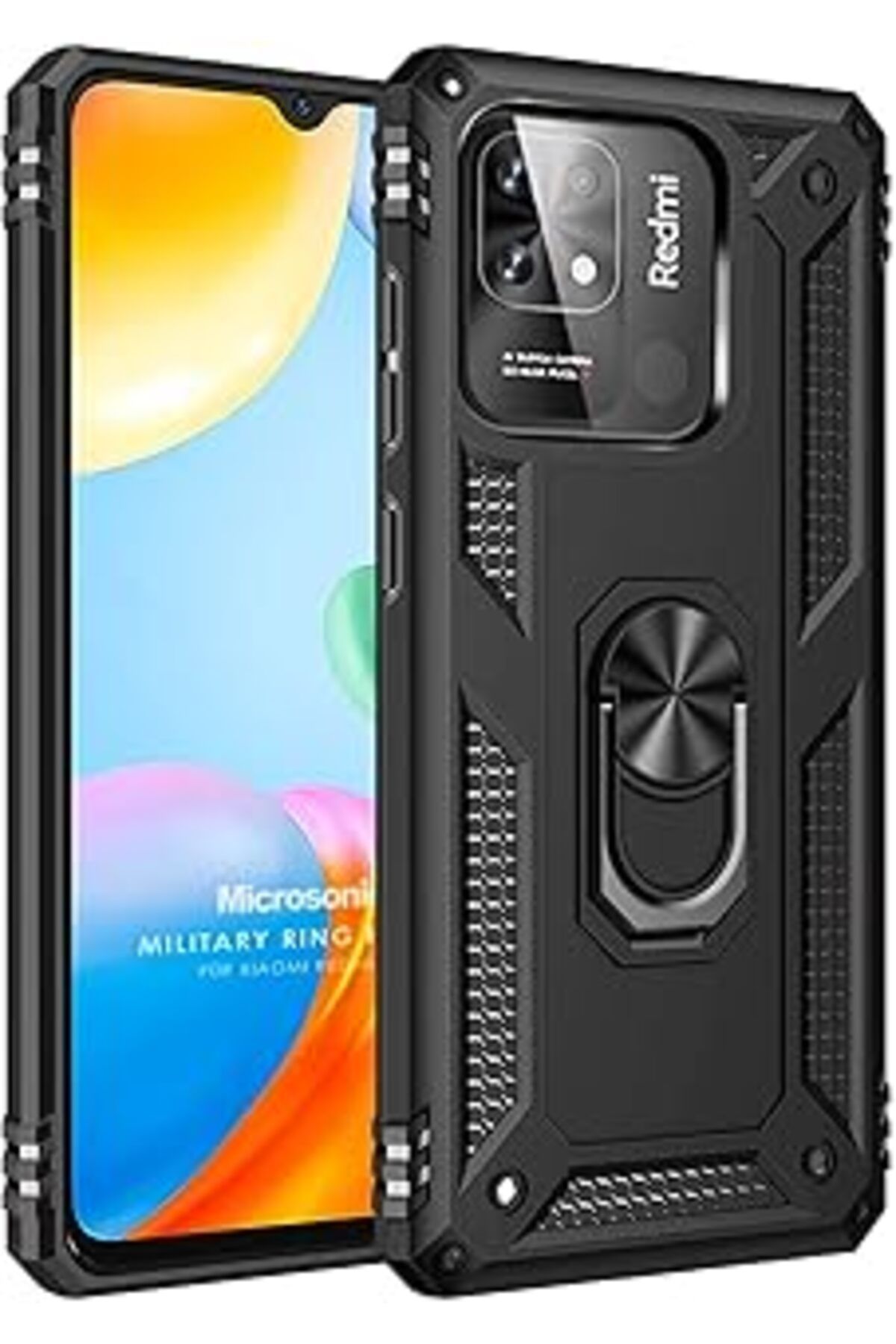 Pazarcan Microsonic Xiaomi Redmi 10C Için Kılıf Military Ring Holder Siyah [Redmi 10C Ile Uyumlu Kılıf - Siy