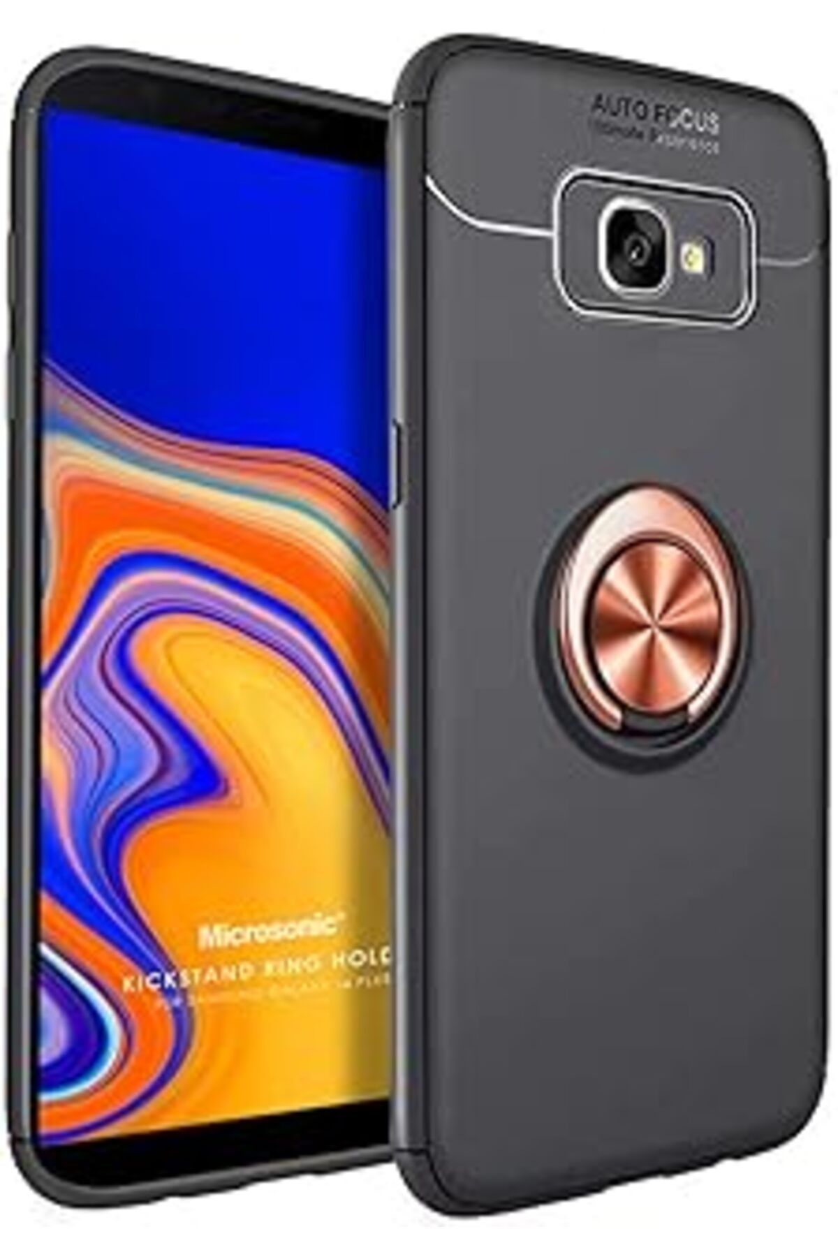 Pazarcan Microsonic Galaxy J4 Plus Kılıf Kickstand Ring Siyah Rose [Galaxy J4 Plus Ile Uyumlu Kılıf - Siyah