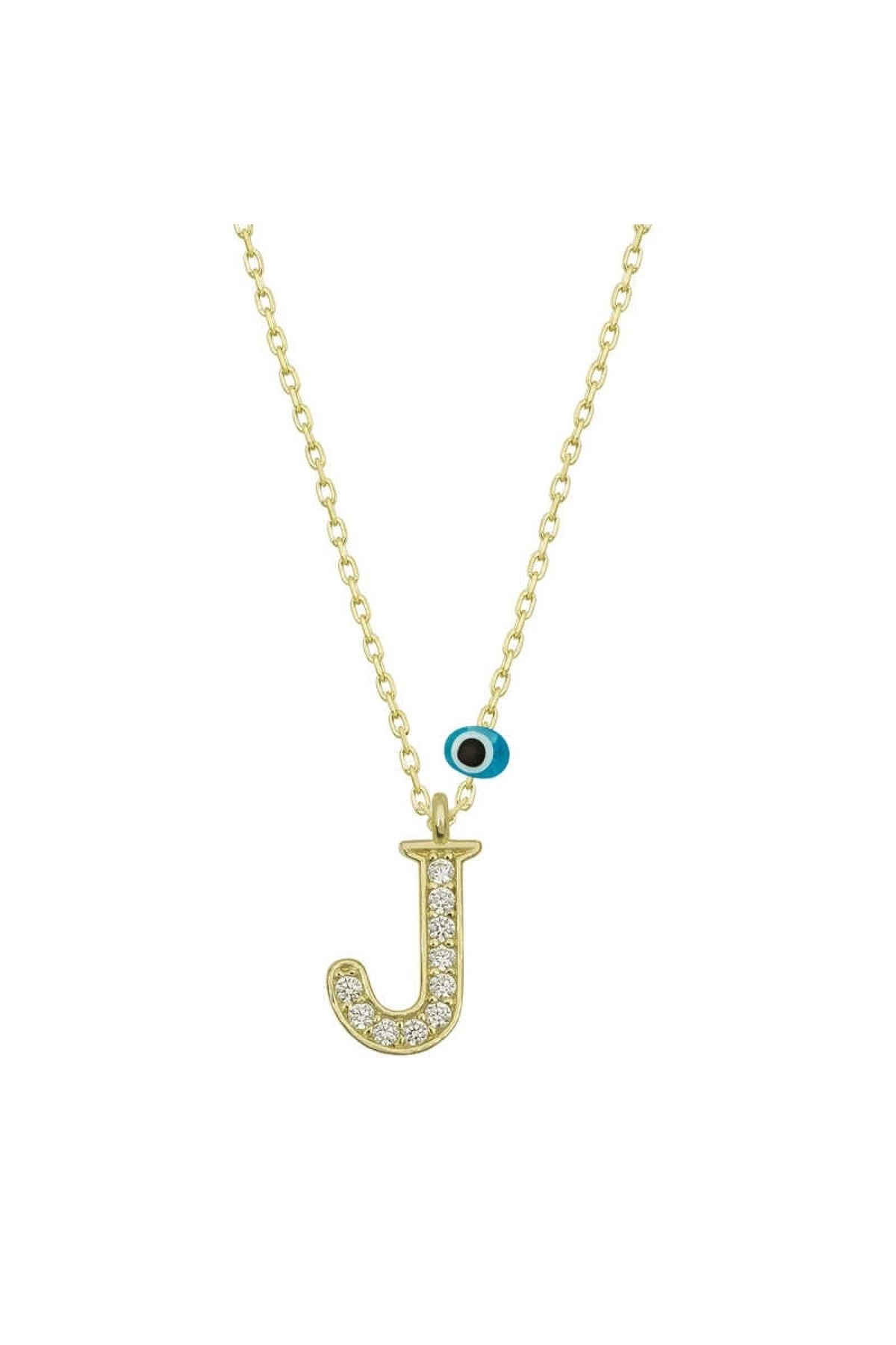 Marsilyan 925 Ayar Gümüş Nazar Gold J Harfi Kadın Gümüş Kolye (T6786) (7272)