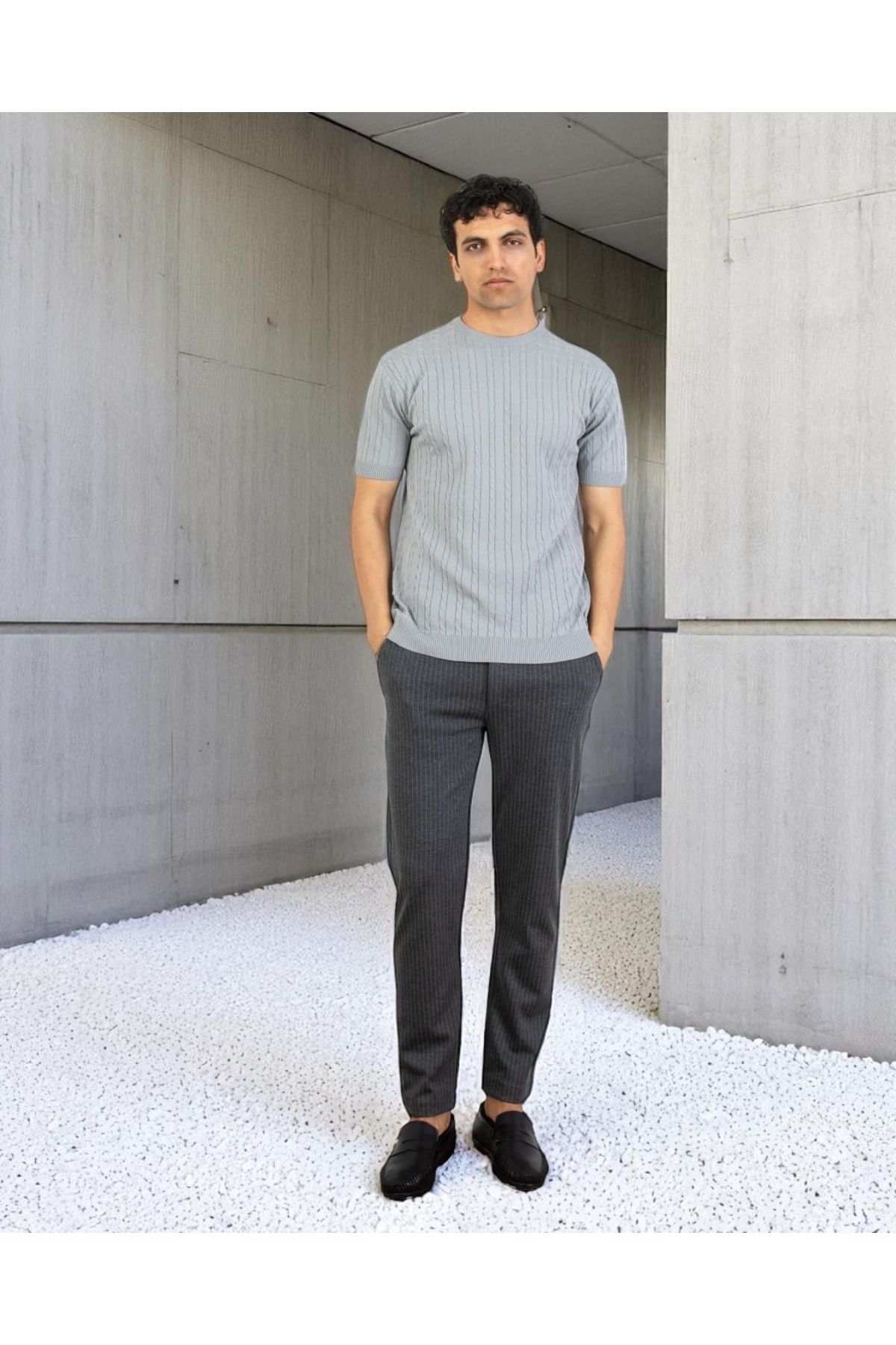 VOGUEMET Erkek Bisiklet Yaka Örgü Tişört | Yazlık Kısa Kollu Slim Fit Kazayağı Dokulu