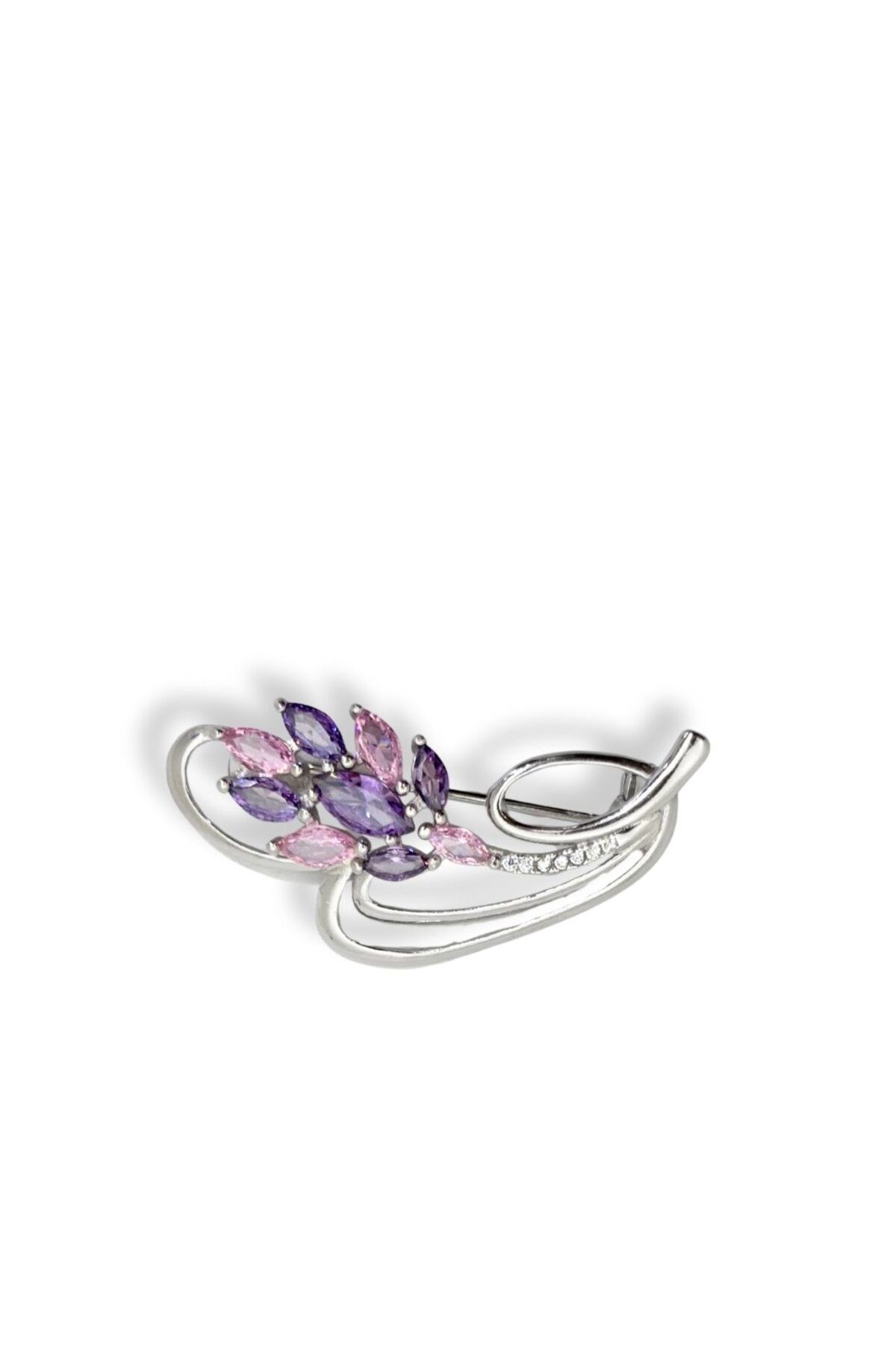 oya silver Ametist Pembe Kuvars Gümüş Çiçek Broş – 2x4 cm