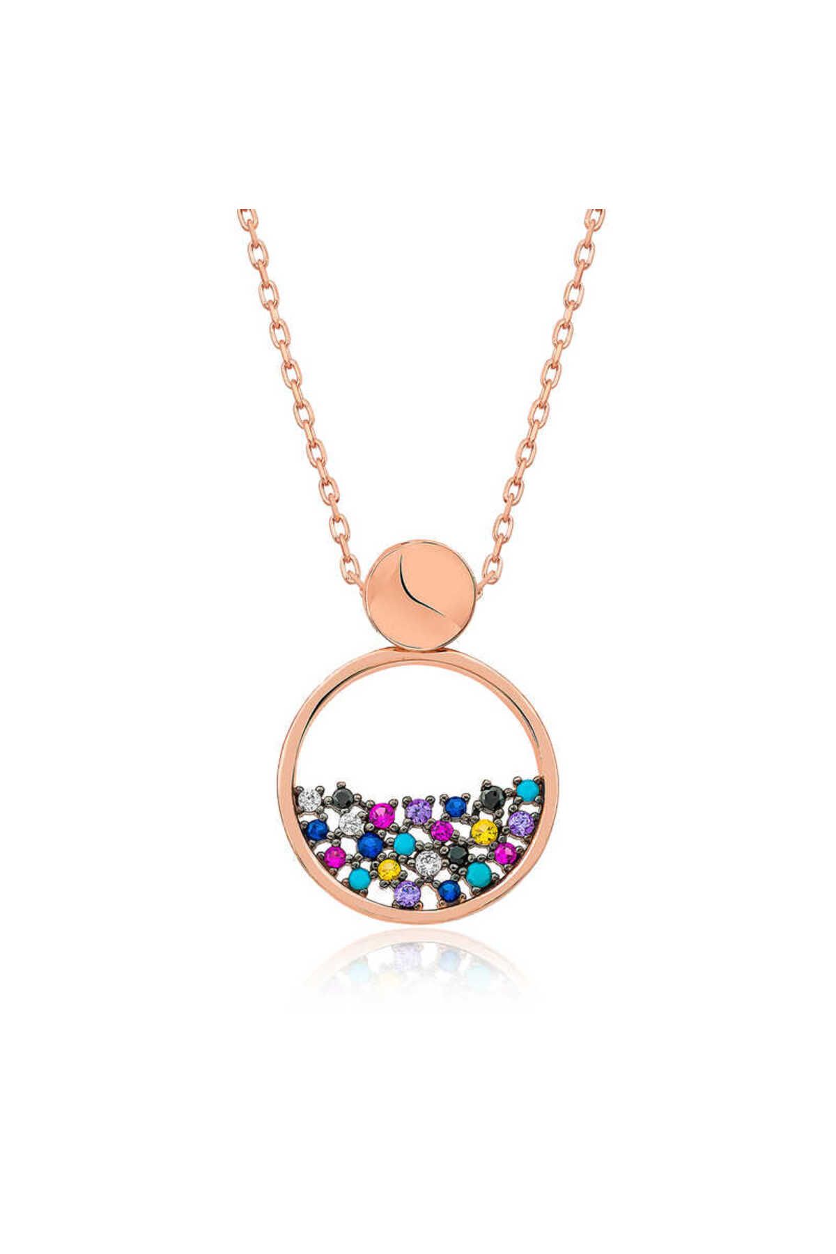noip 925 Ayar Gümüş Rose Mix Taşlı Çiğ Damlası Kadın Gümüş Kolye (T4893) (7474)