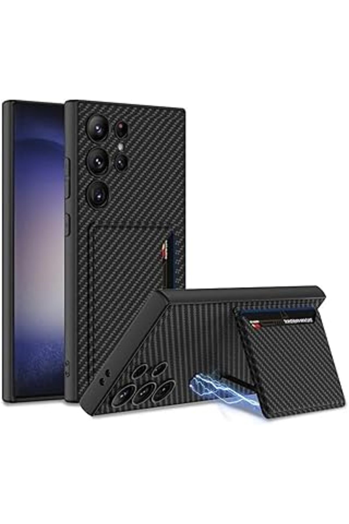 Qedii Galaxy S24 Ile Uyumlu Kartlıklı Cüzdan Stand Olabilen Full Suni Deri Kaplama Karbon Görünümlü Magne