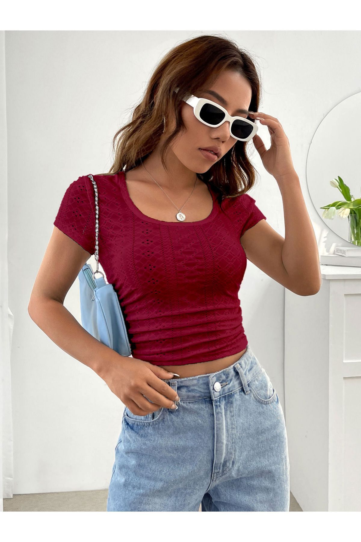 meren like your style Bordo U Yaka Kısa Kol Yan Büzgülü Dar Kesim Bluz Üst