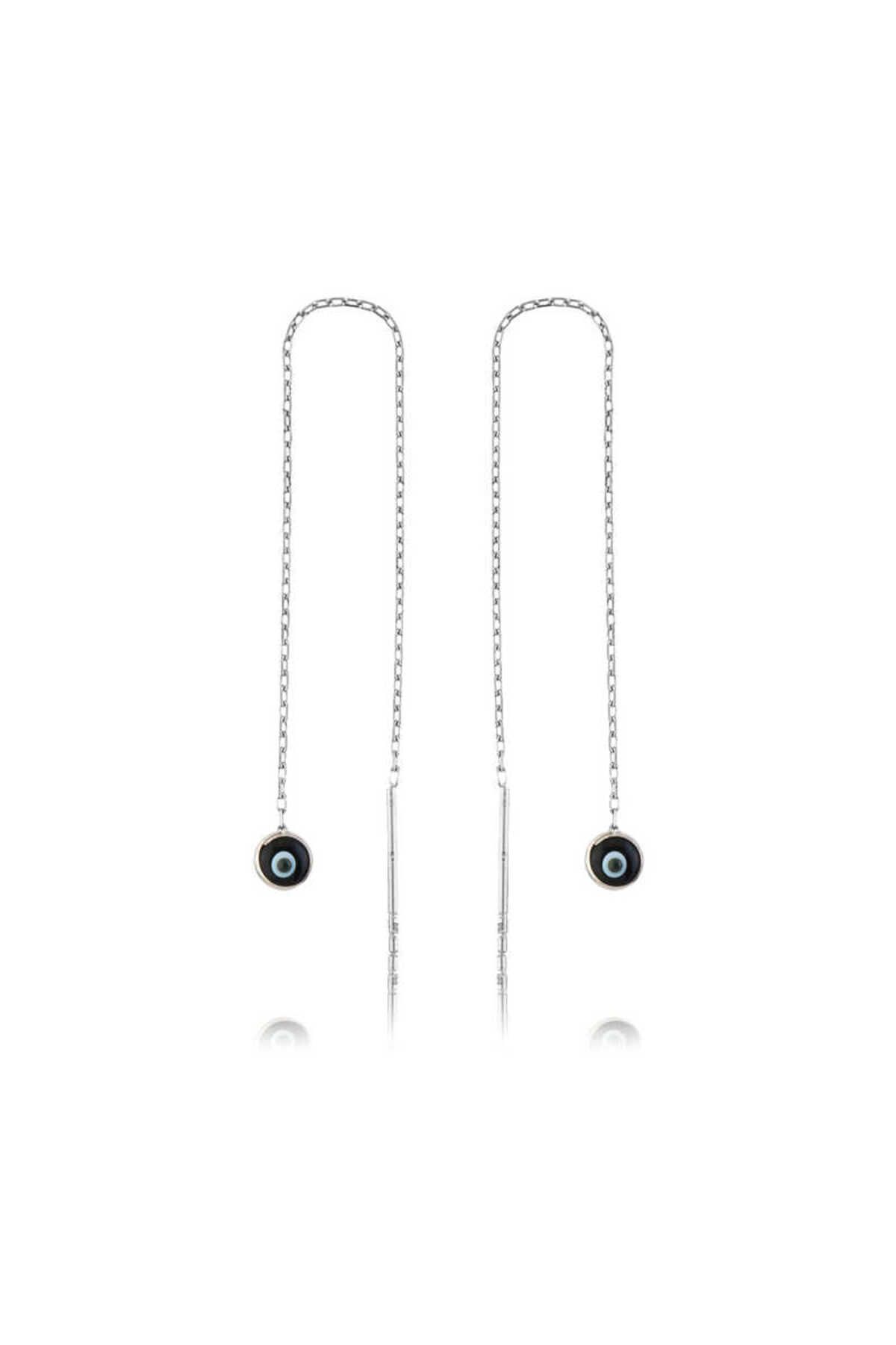 noip 925 Ayar Gümüş Zincirli Lacivert Nazar Küpe (EA1160041) (7474)