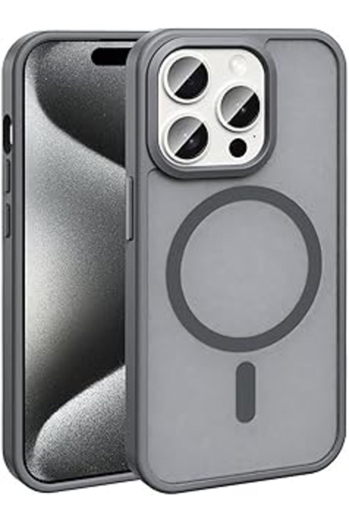 Karachil Iphone 15 Pro Max Kılıf Magsafe Uyumlu Şarj Özellikli Mat Arka Yüzey Zore Sio Kapak-Gri