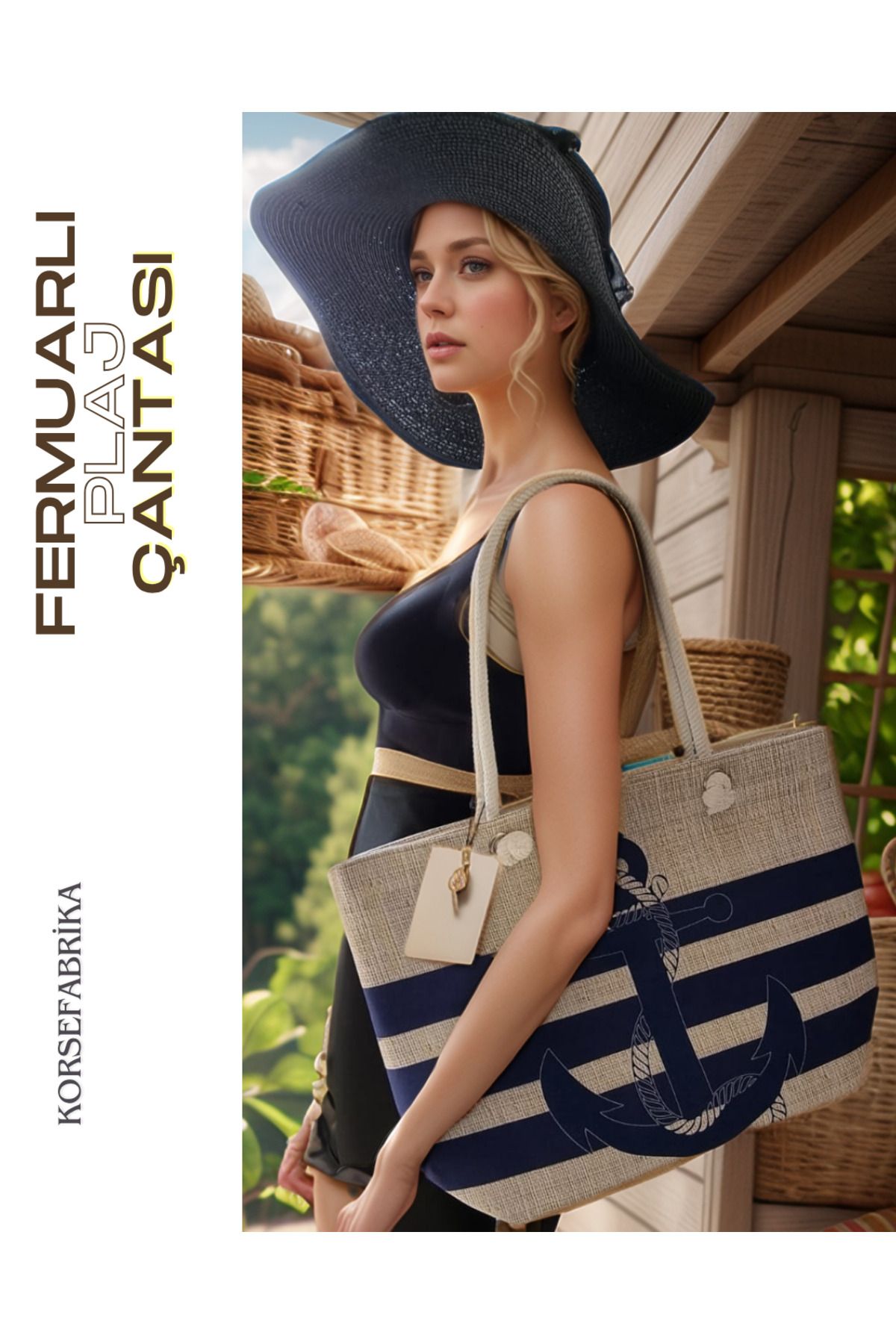 korsefabrika trend mood store İp Askılı Fermuarlı Geniş İç Hacimli Astarlı Hasır Günlük- Alışveriş- Spor- Piknik ve Plaj Çantası