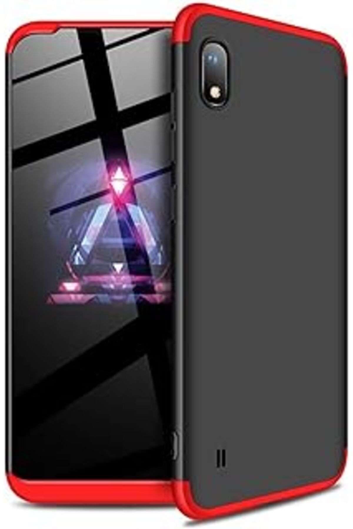 Pazarcan Galaxy A10 Kılıf 360 Tam Koruma Kapak 3 Parça Slim Fit Siyah-Kırmızı