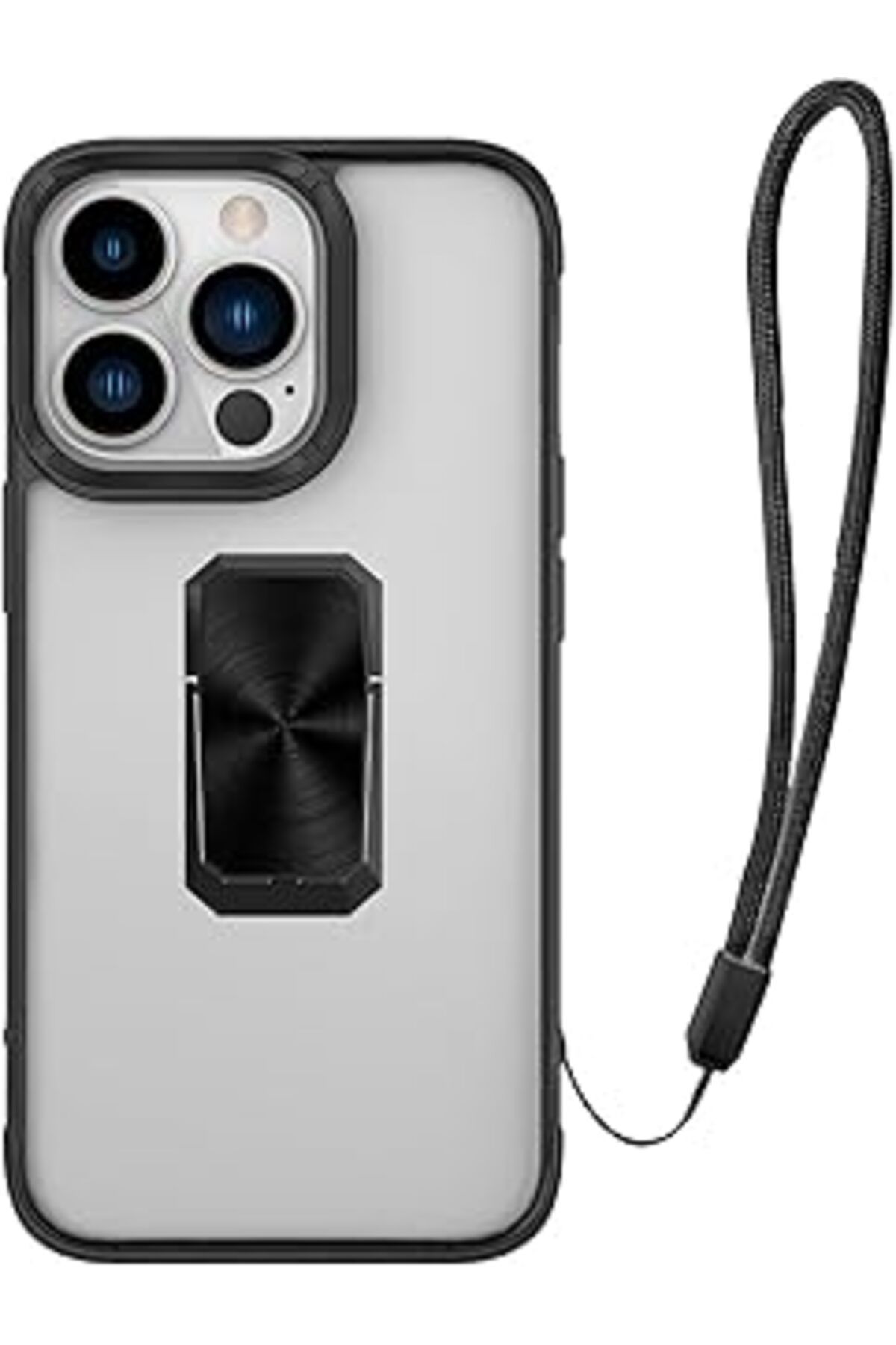 Karachil Kny Apple İphone 13 Pro Kılıf Yüzüklü İpli Manyetik Şeffaf V-Bax Kapak Siyah