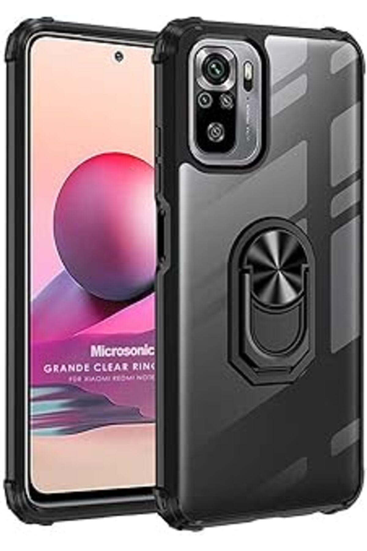 Qedii Microsonic Xiaomi Poco M5S Için Kılıf Grande Clear Ring Holder Siyah [Poco M5S Ile Uyumlu Kılıf - S