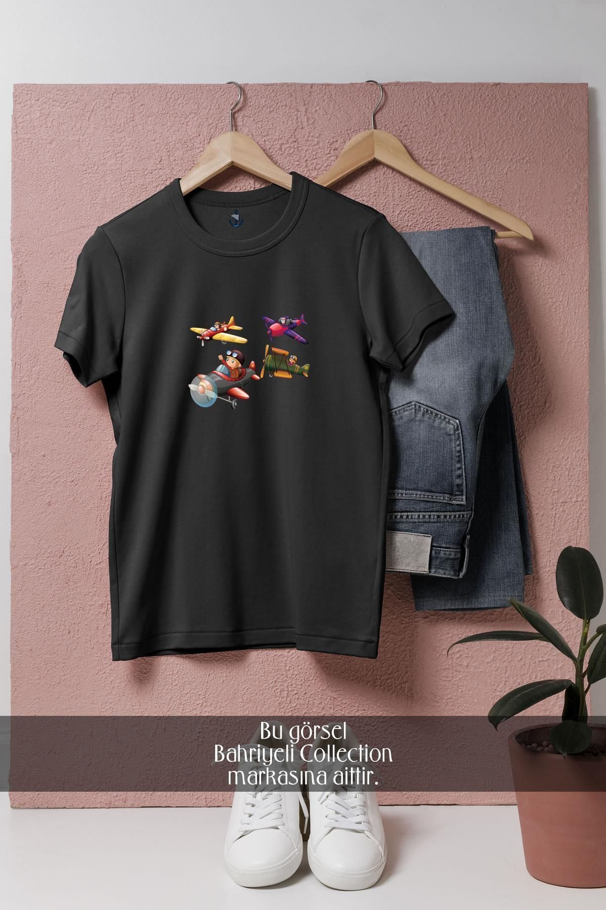 Bahriyeli Collection Oversize Airplane Aircraft Flight Illustration Cartoon Tasarımlı Unisex T-Shirt