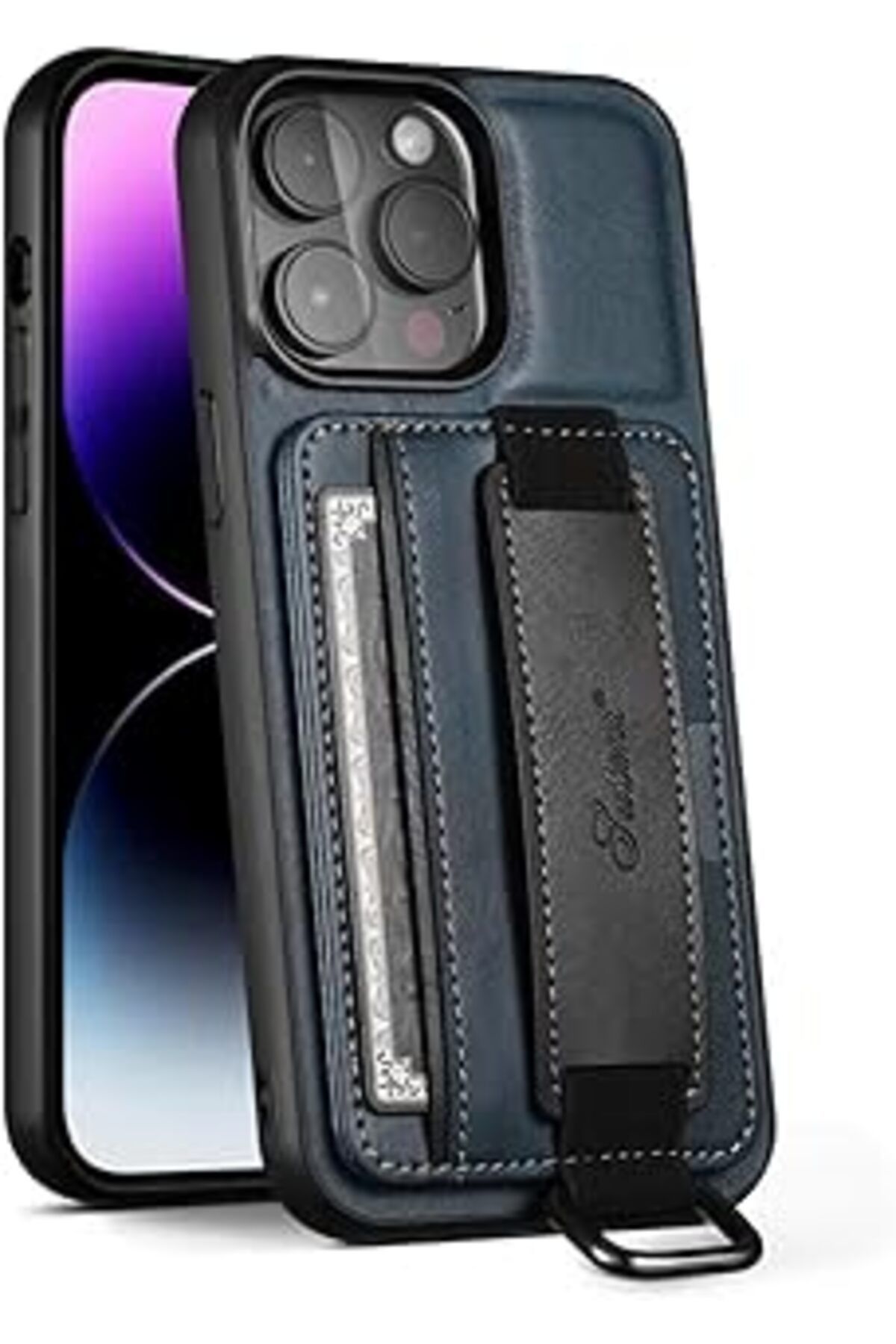 Qedii Iphone 13 Pro İle Uyumlu Kılıf Ultra Lüks Deri Koruma Lastikli Parmak Askılı Kartlıklı Kılıf 360 De