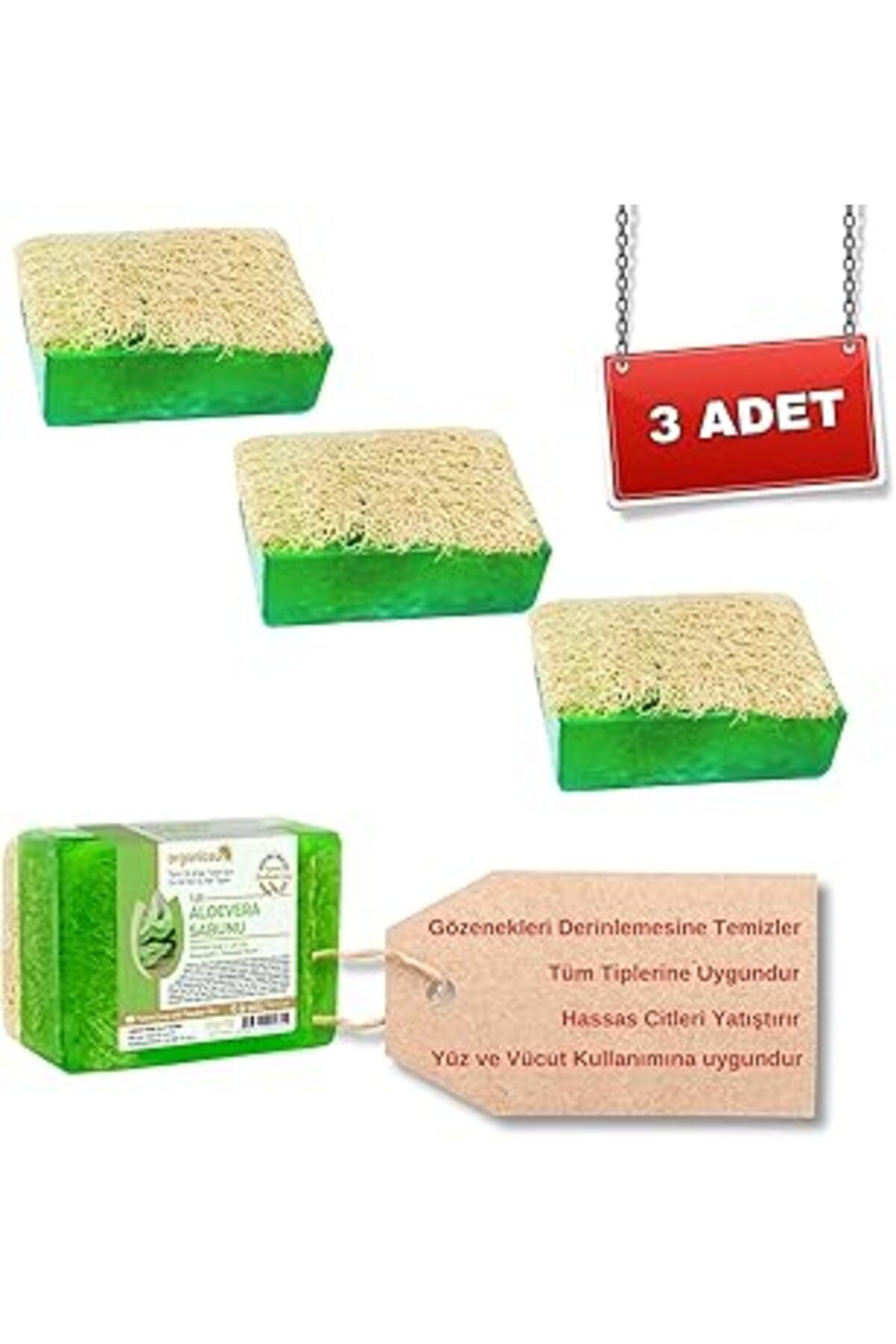 Qedii Organicsun Doğal Kabak Lifli Aloe Vera Sabunu 120 gr X 3 Adet Tüm Cilt Tipleri Için B Ve E Vitaminl