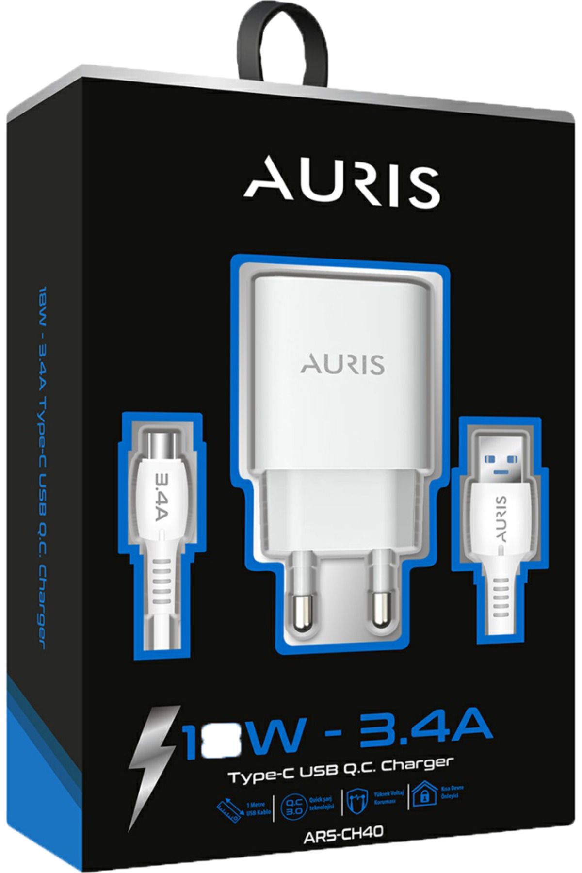 Auris CH40 3.4 A Type C Şarj Aleti Cihazı Seti USB Şarj Başlığı + 1 Mt. Type C Kablo Qc 3.0 Destekli