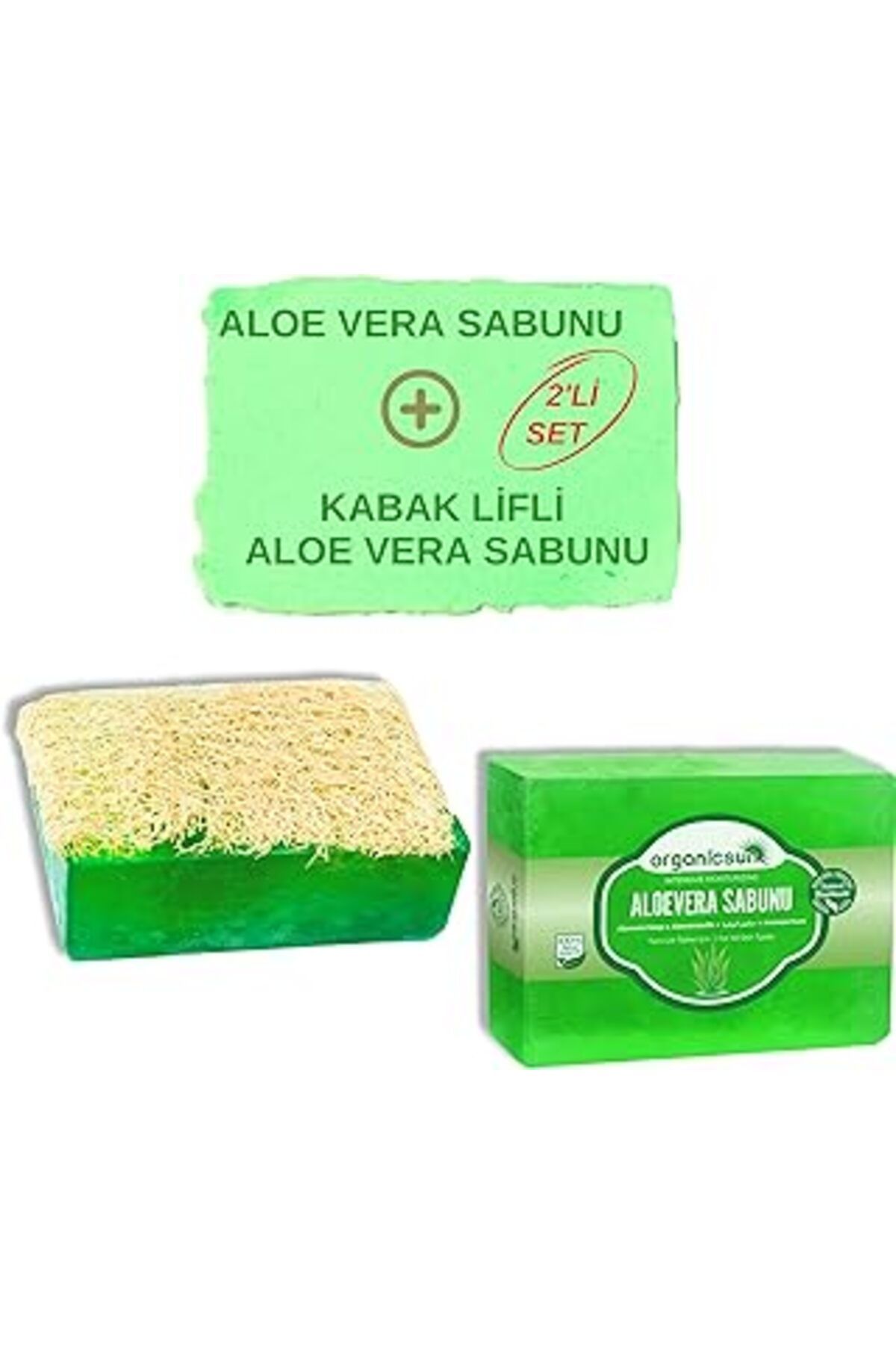 Mu Art Ahşap Organicsun 2'Li Set Doğal Kabak Lifli Aloe Vera Sabunu Ve Lifsiz Aloe Vera Sabunu