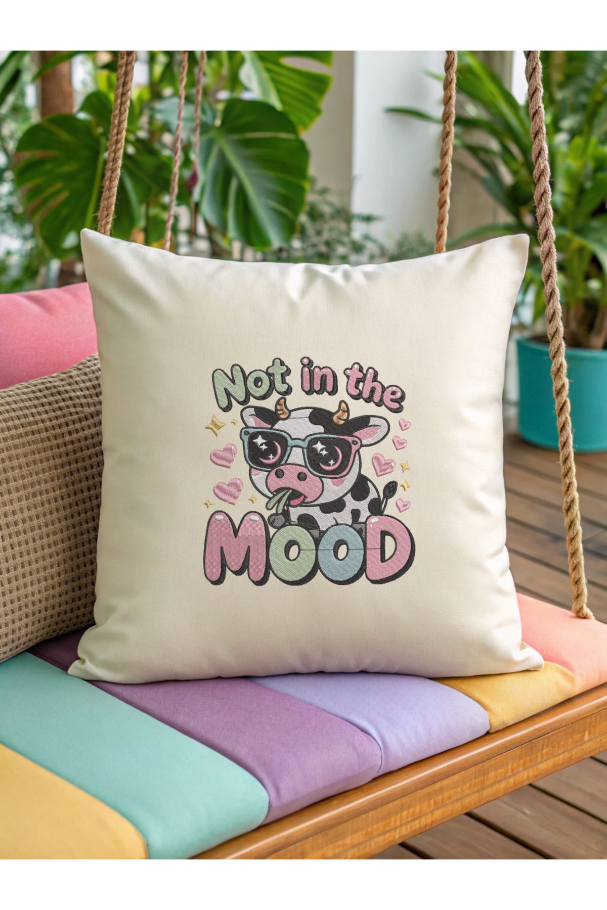 Misue Handmade Nakışlı Kırlent Kılıfı, Eğlenceli Ev Dekoru %100 Pamuk, 43x43cm Kırlent, Dekoratif Nakışlı Kırlent