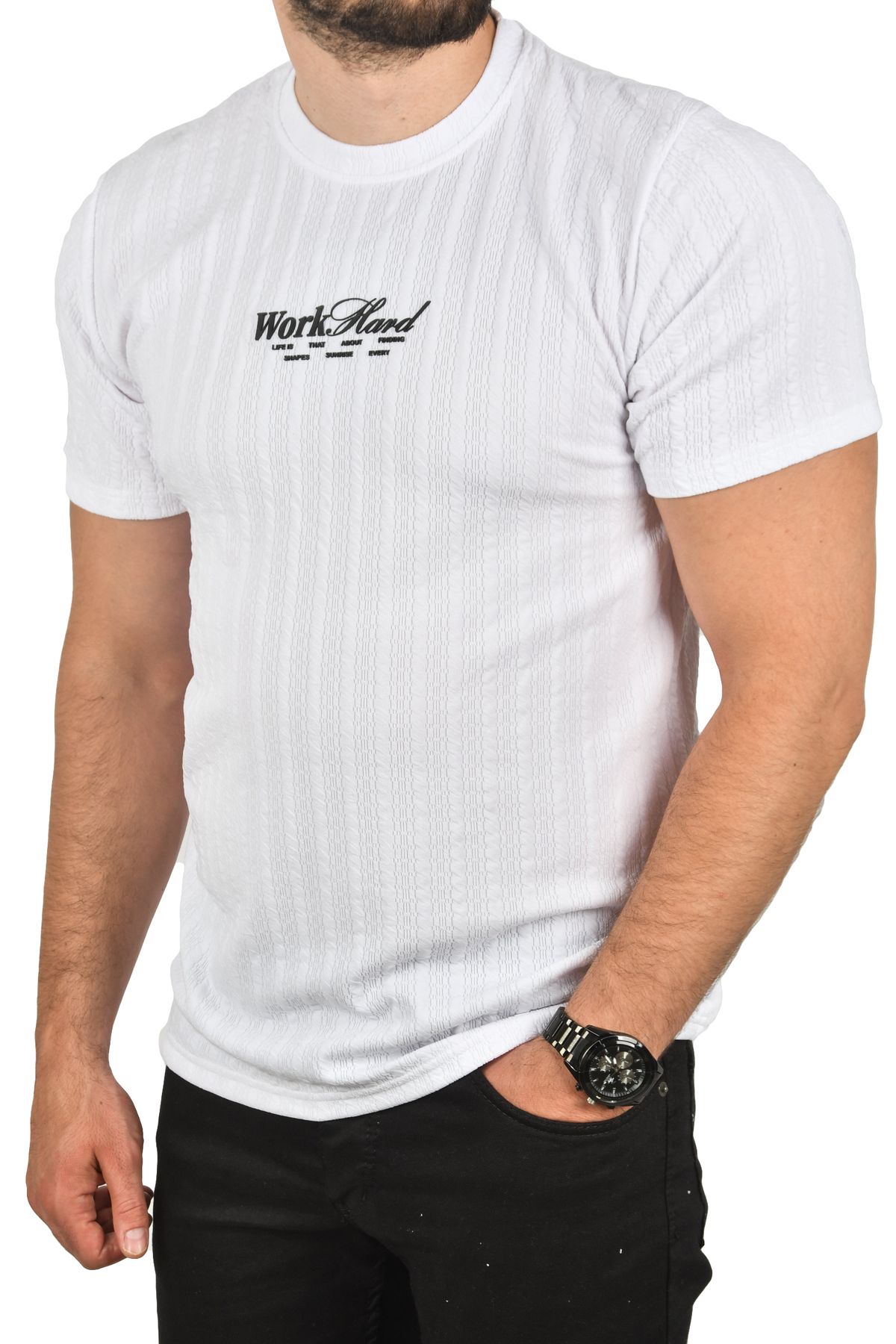DeepSEA Erkek Beyaz Dar Kesim Pamuklu Tişört Slim Fit Nefes Alan Yumuşak Dokulu Tişört 2504351