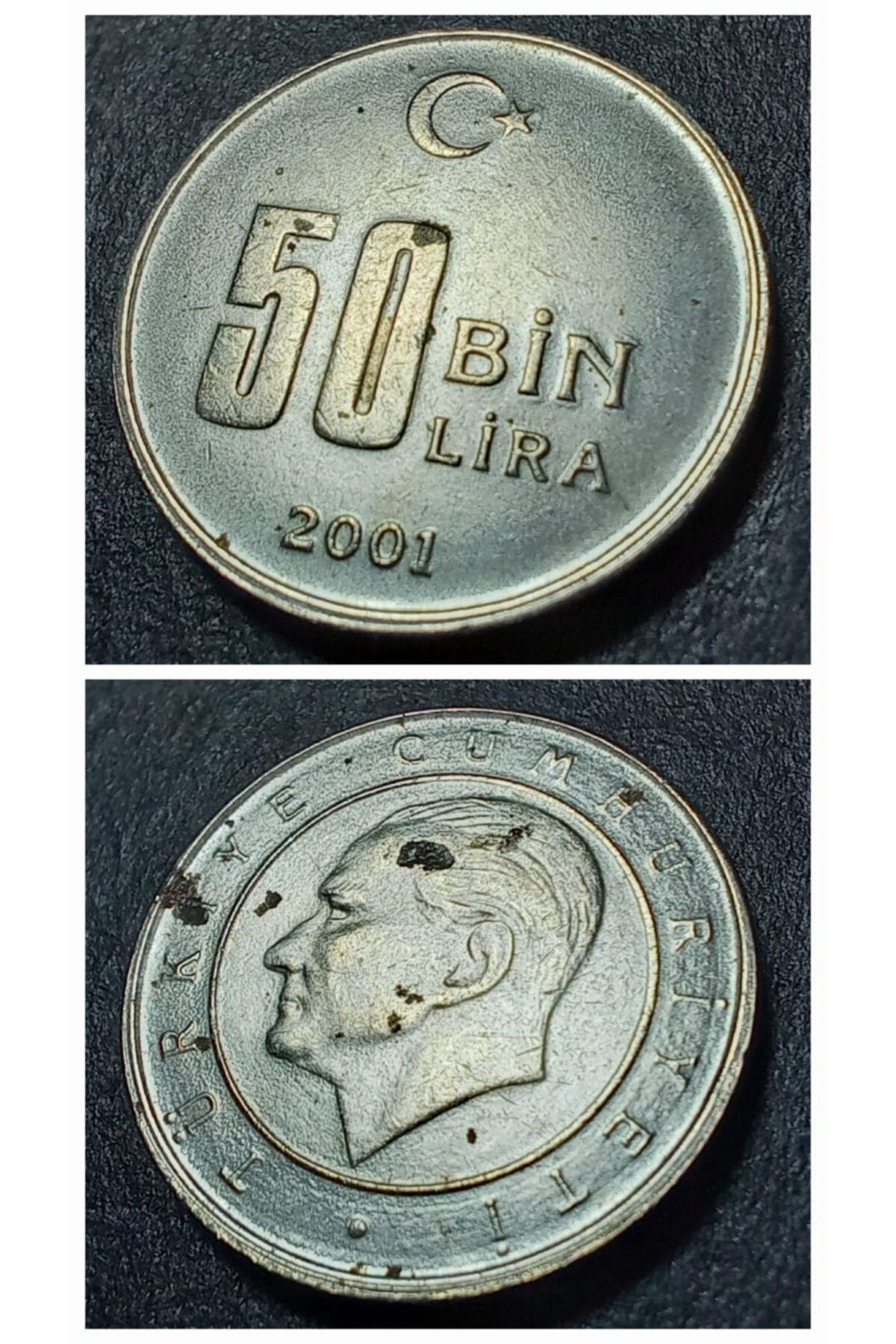 escoines koleksiyon 399636861c4200fdde 2001 50bin lira ÇİL/LEKELİ eski madeni para