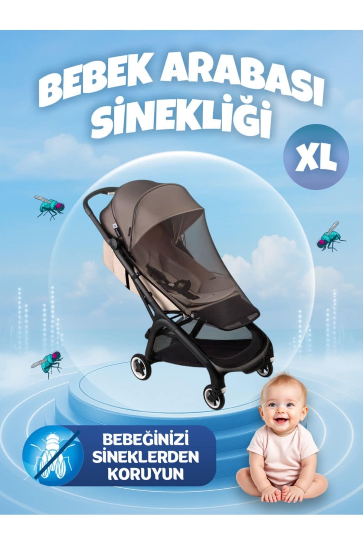 MorBebe Lüx Siyah Bebek Arabası Sinekliği Tüm Bebek Arabası & Puset Modellerine Uygun, Lastikli XL