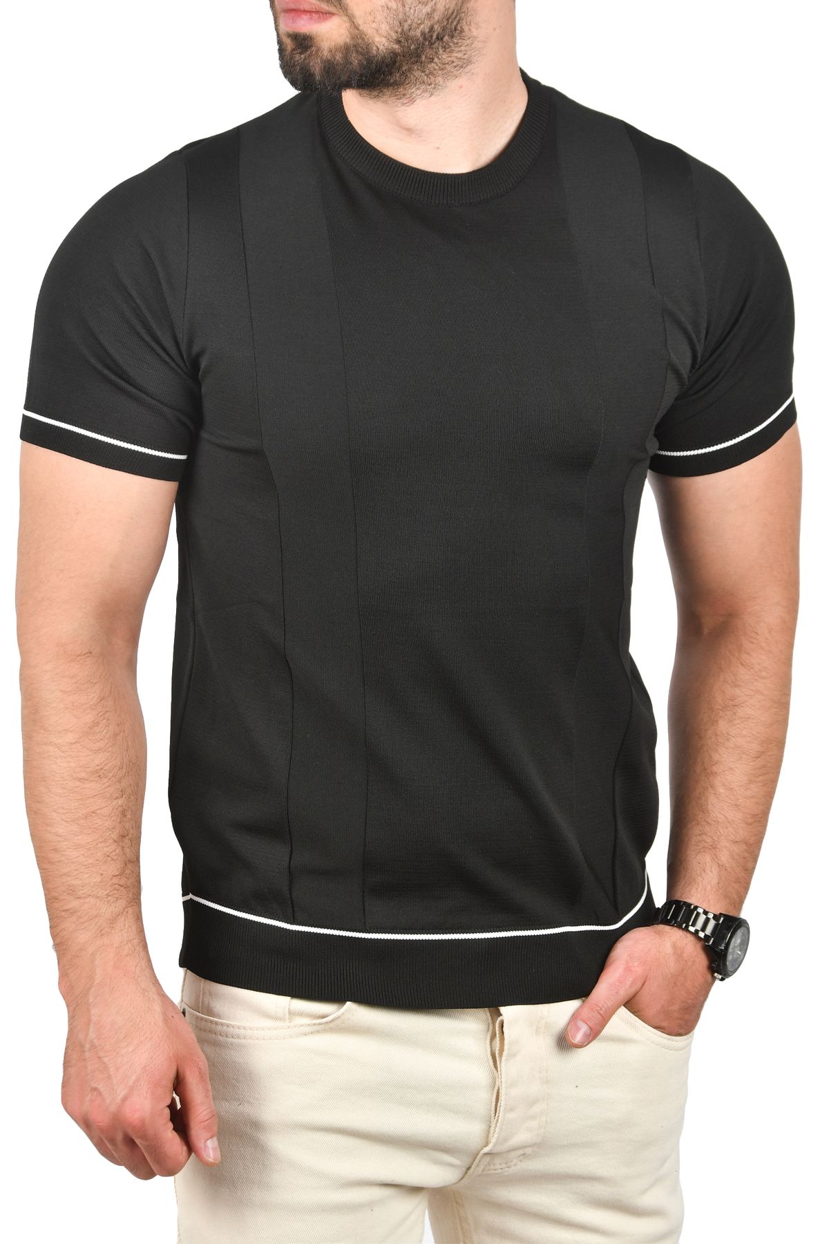 Rizz up Erkek Siyah Dar Kesim Pamuklu Tişört Slim Fit Nefes Alan Bisiklet Yaka Triko Tişört 2504347