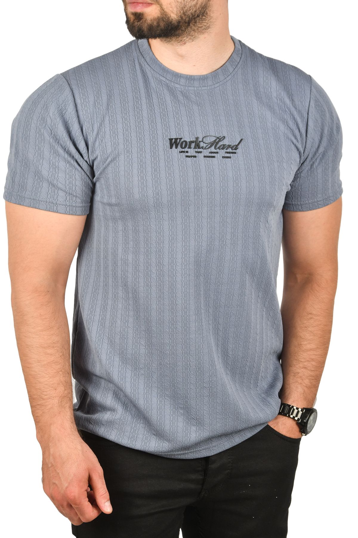 DeepSEA Erkek Mavi Dar Kesim Pamuklu Tişört Slim Fit Nefes Alan Yumuşak Dokulu Tişört 2504351
