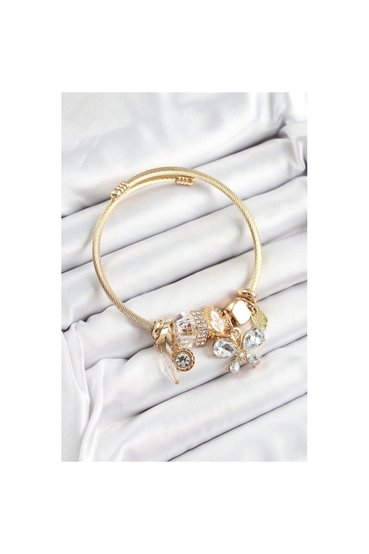 Skygo 316L Çelik Beyaz Zirkon Taşlı Kelebek Model Gold Renk Charm Bileklik - TJ-BB7323