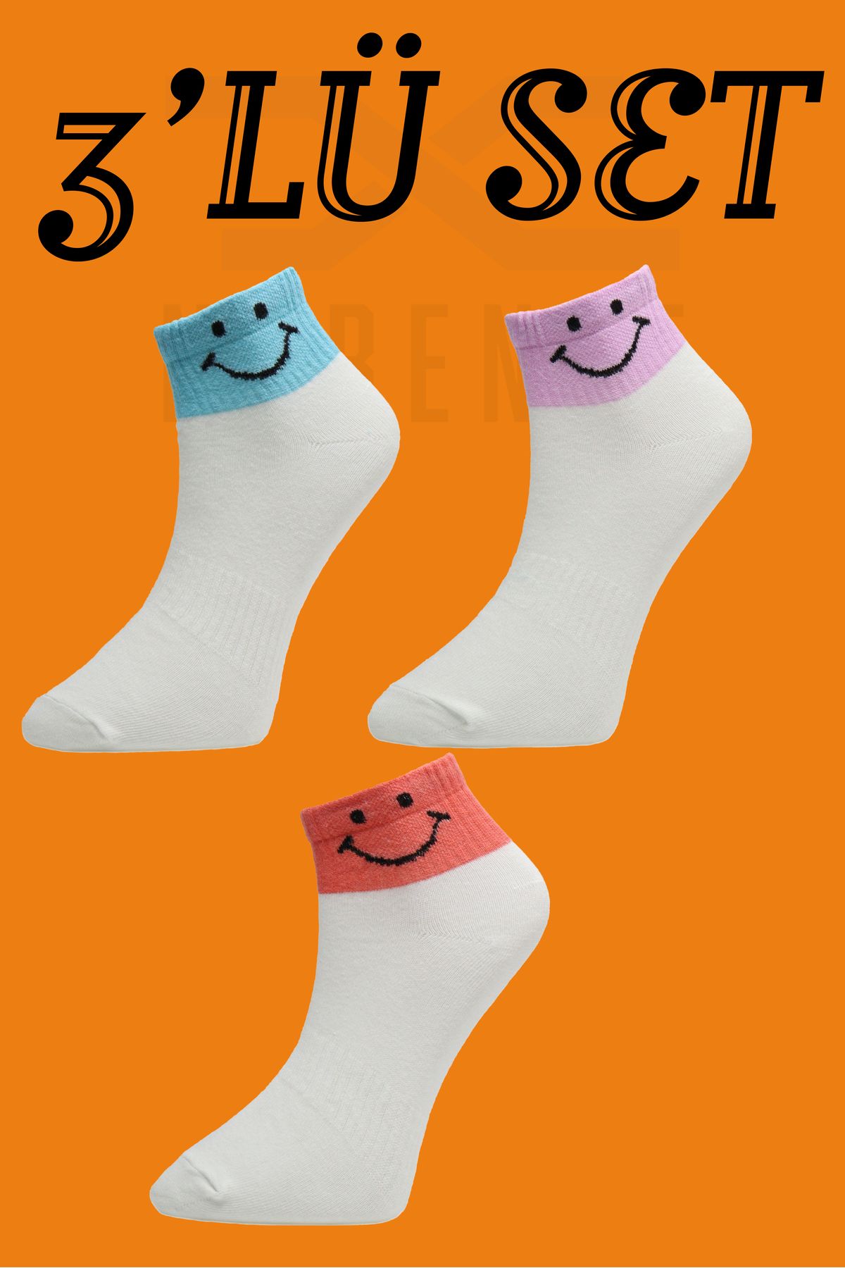 TUGSA DESING NUBENSE / Renkli Smile Tasarımlı Parfümlü Rahat Pamuk Beyaz Günlük Çorap (3'LÜ SET-1)