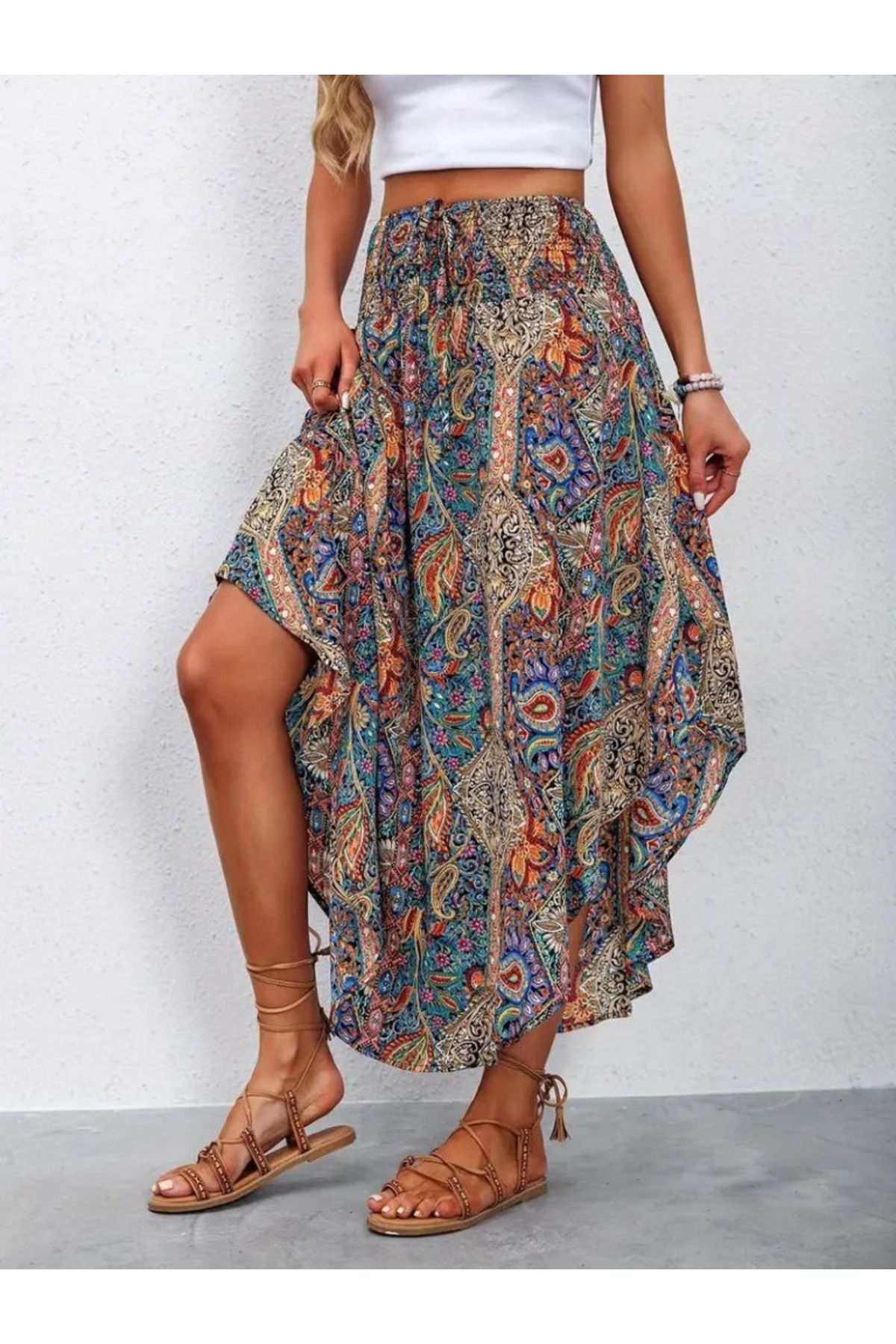 Masspera-Asymmetrical Design Elastic Waist Lace-Up Patterned Skirt 3