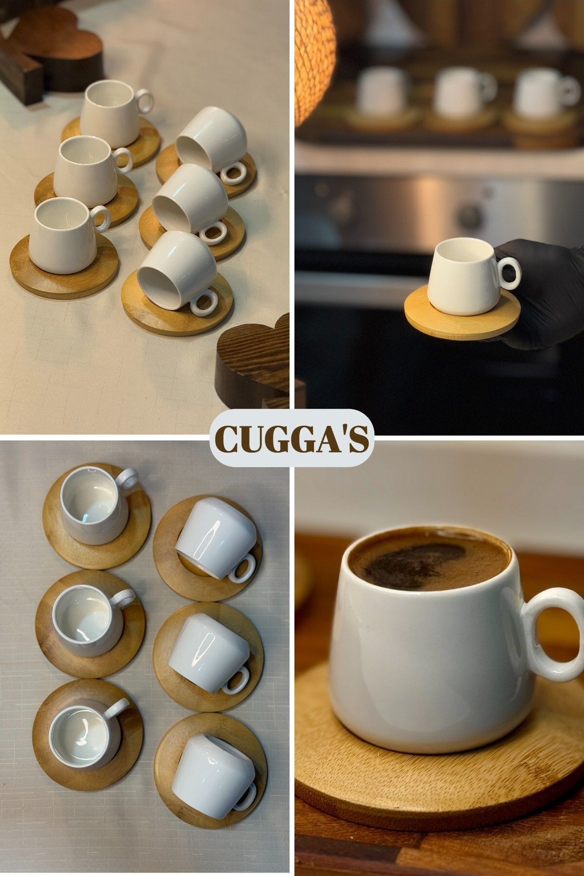 CUGGA'S 6 Kişilik Kahve Fincan Takımı, Bambu Tabaklı Porselen Türk Kahvesi Fincanı