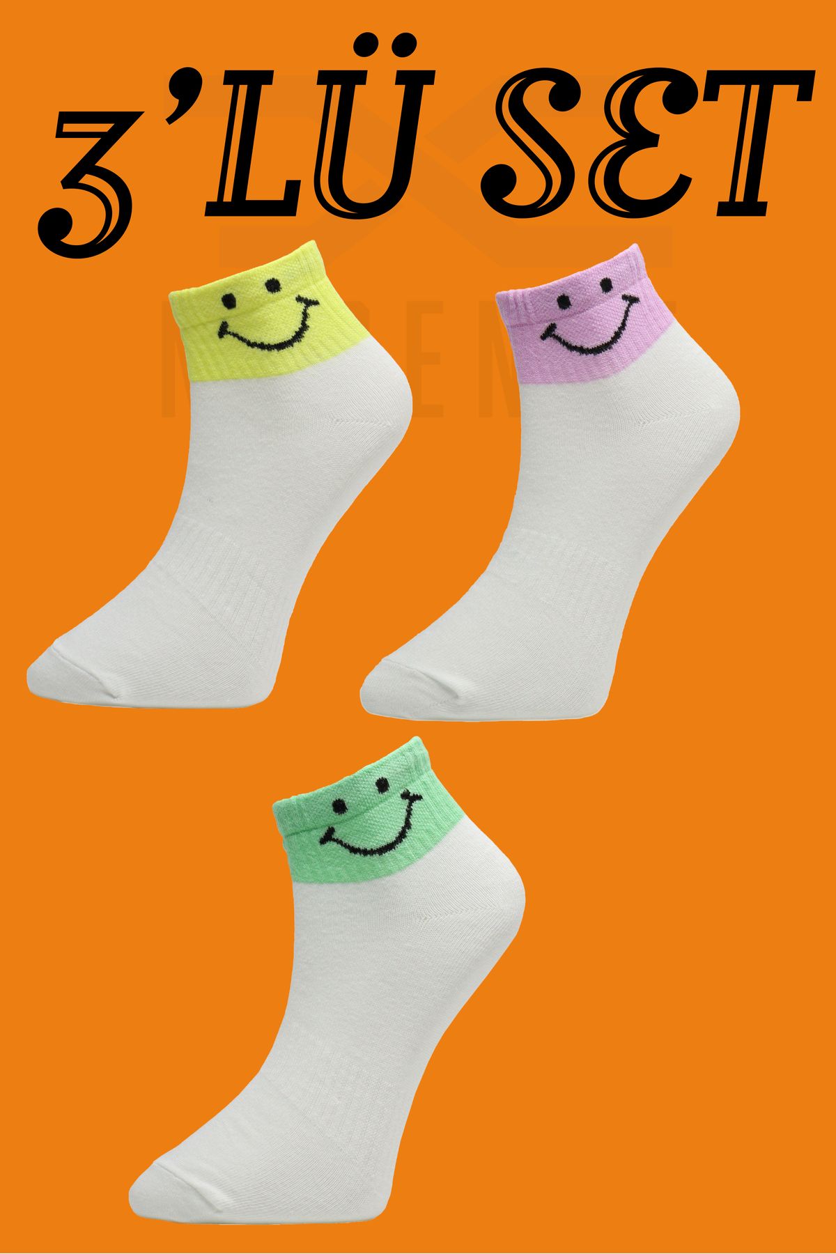 TUGSA DESING NUBENSE / Renkli Smile Tasarımlı Parfümlü Rahat Pamuk Beyaz Günlük Çorap (3'LÜ SET-4)