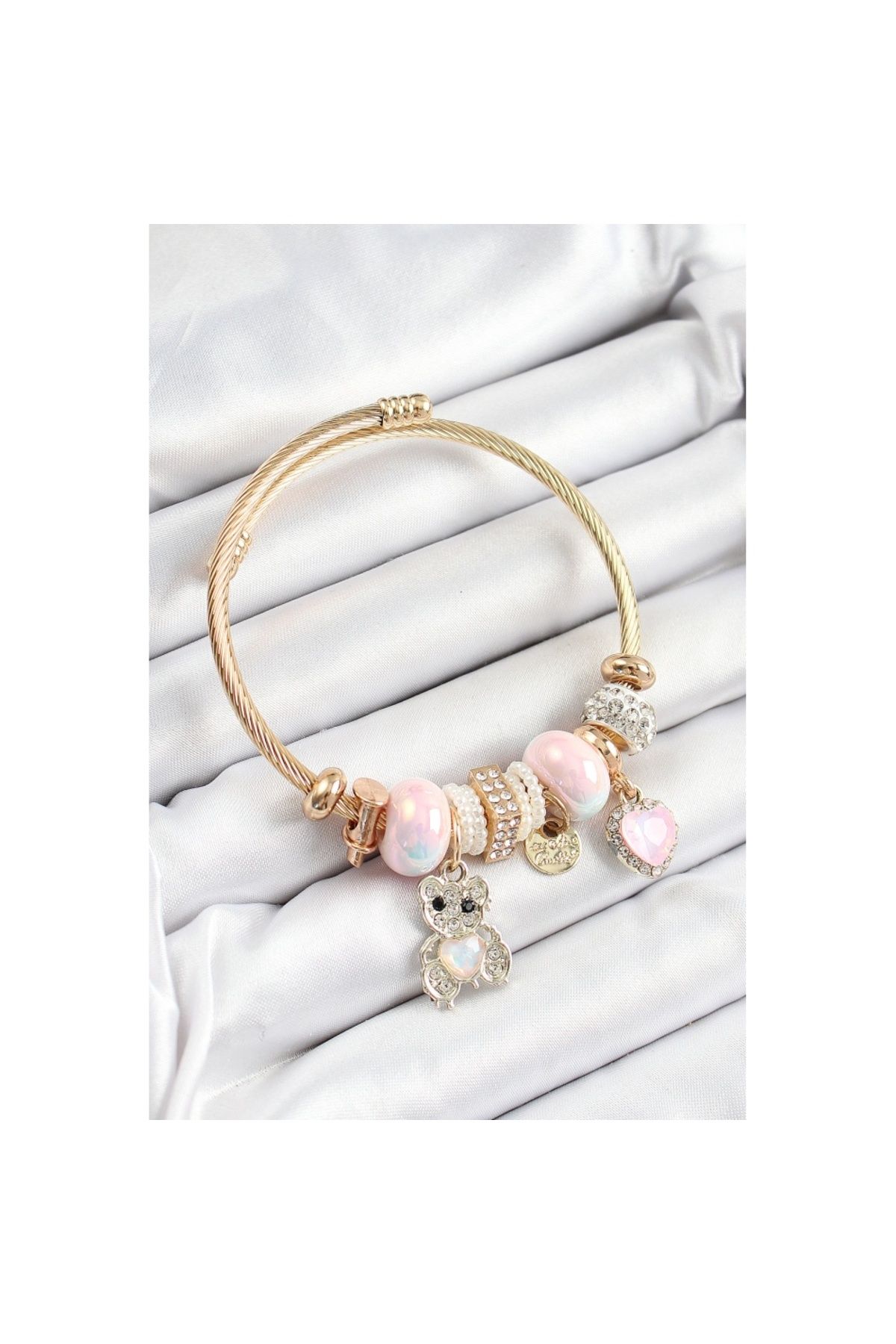 Skygo 316L Çelik Pembe Zirkon Taşlı Ayıcık Ve Kalp Model Gold Renk Charm Bileklik - TJ-BB7302