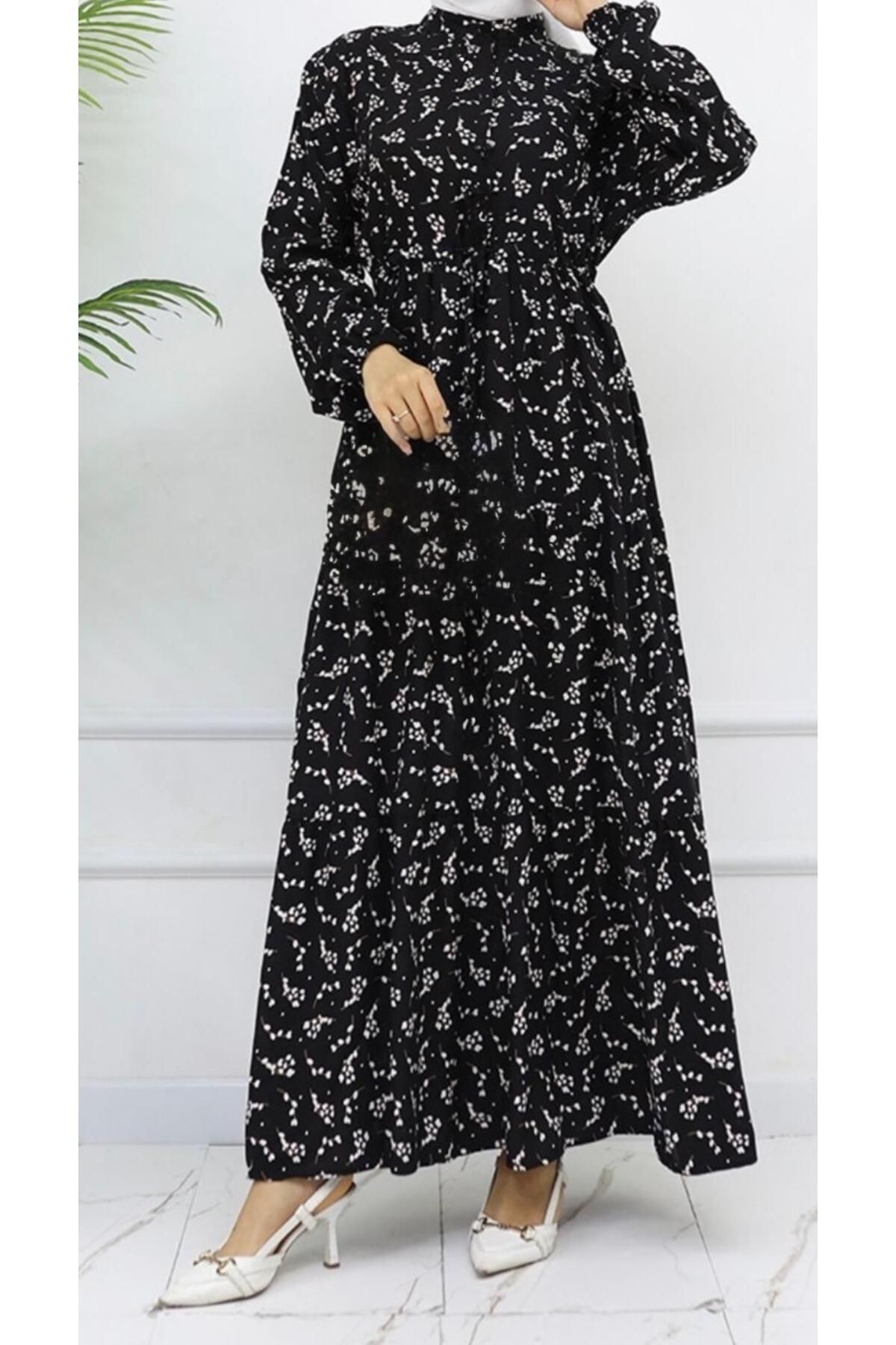 Alarzeh Moda Desenli Kuşaklı Siyah Tesettür Elbise
