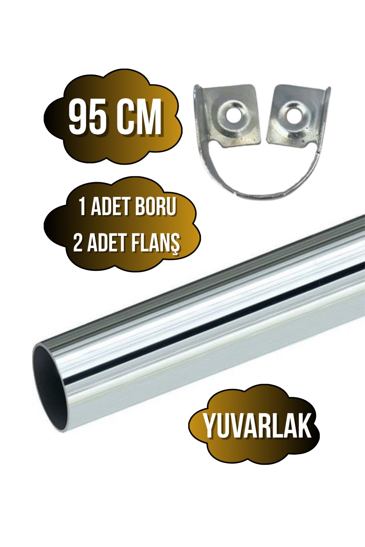 DSYapıAksesuar Metal Yuvarlak Krom Mobilya Dolap Askı Borusu(95CM)(2 ADET FLANŞ-1 ADET BORU)(ÇAP:25MM)