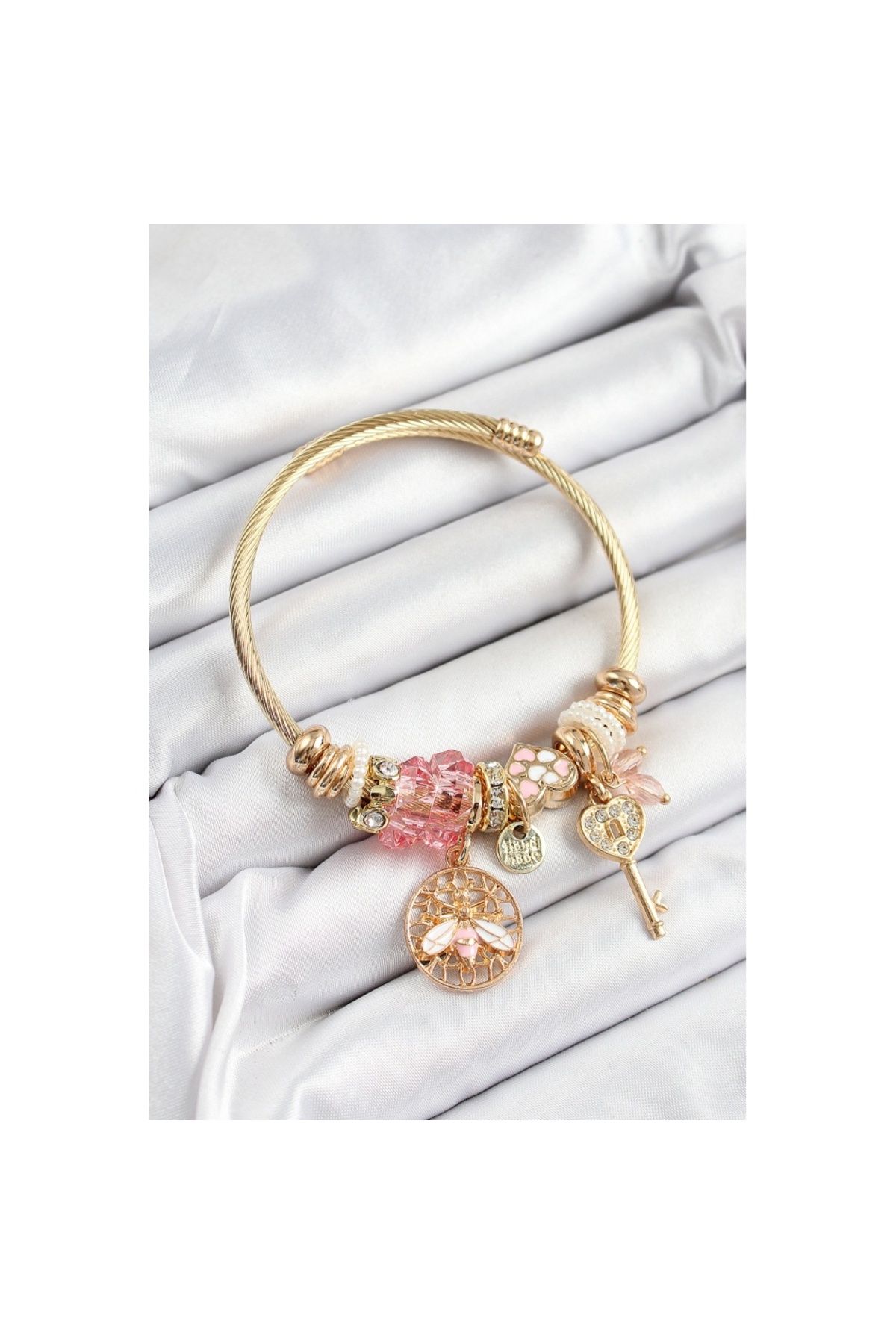 Skygo 316L Çelik Pembe Zirkon Taşlı Baykuş Arı Ve Anahtar Model Gold Renk Charm Bileklik - TJ-BB7293