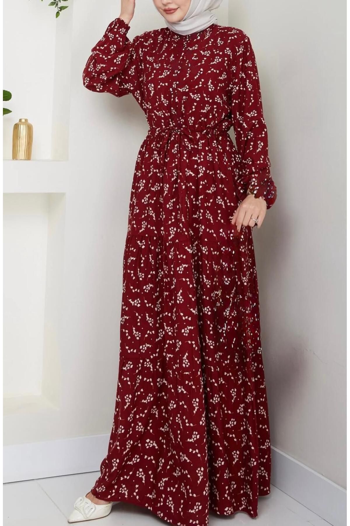 Alarzeh Moda Desenli Kuşaklı Siyah Tesettür Elbise