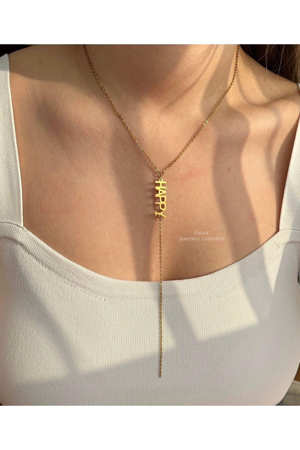 Raree Jewellery Çelik "happy" yazı detaylı gold y kolye dekolte kolyesi