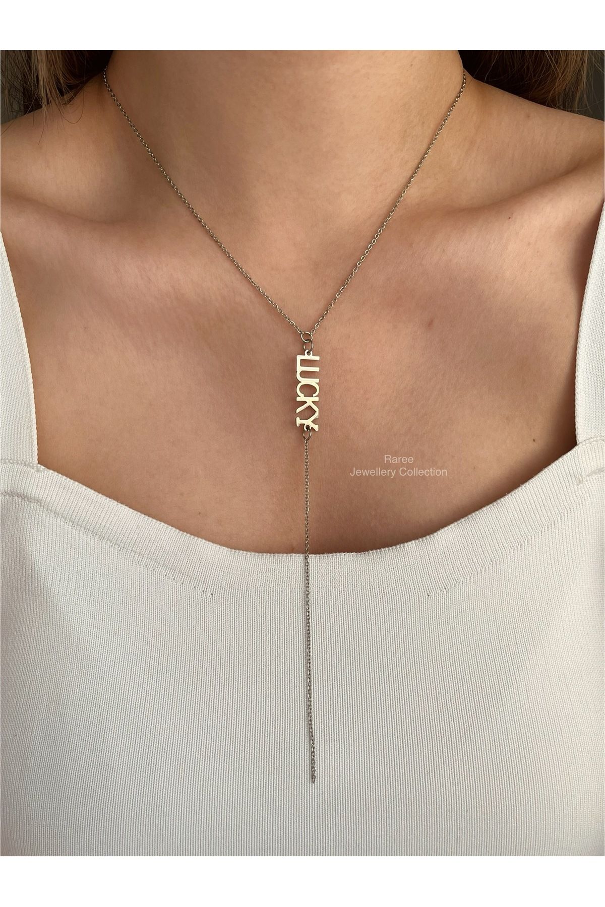 Raree Jewellery Çelik "lucky" yazı detaylı y kolye dekolte kolyesi