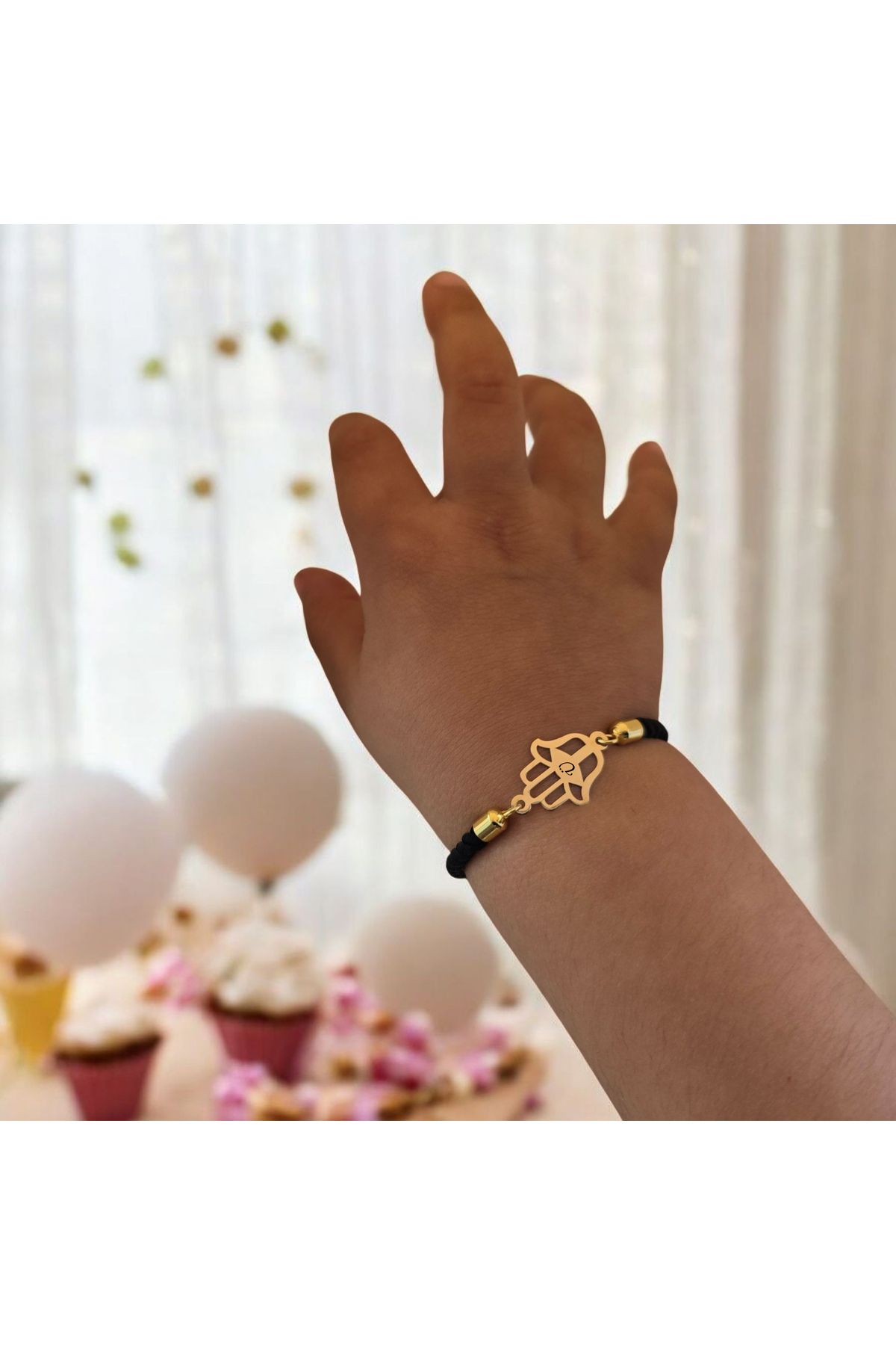 ARCHINO GOLD Ü Harfine Özel Hamsa Motifli 14 Ayar Altın Plakalı Siyah İpek Örgülü Hediye Bileklik-509harf