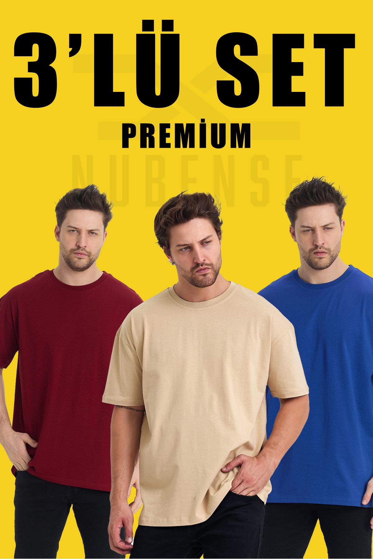 Uniquetex NUBENSE / Oversize Unisex Sade Pamuklu Simit Yaka T-shirt (Set Tişört -11)