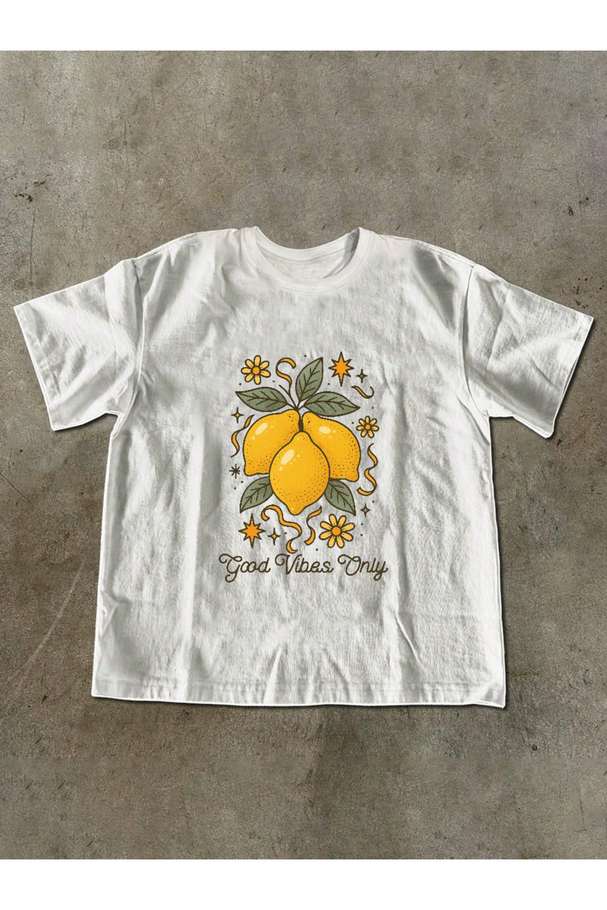 ELNOYA Unisex Pamuklu Beyaz Oversize "Limon" Baskılı Bisiklet Yaka Rahat T-shirt