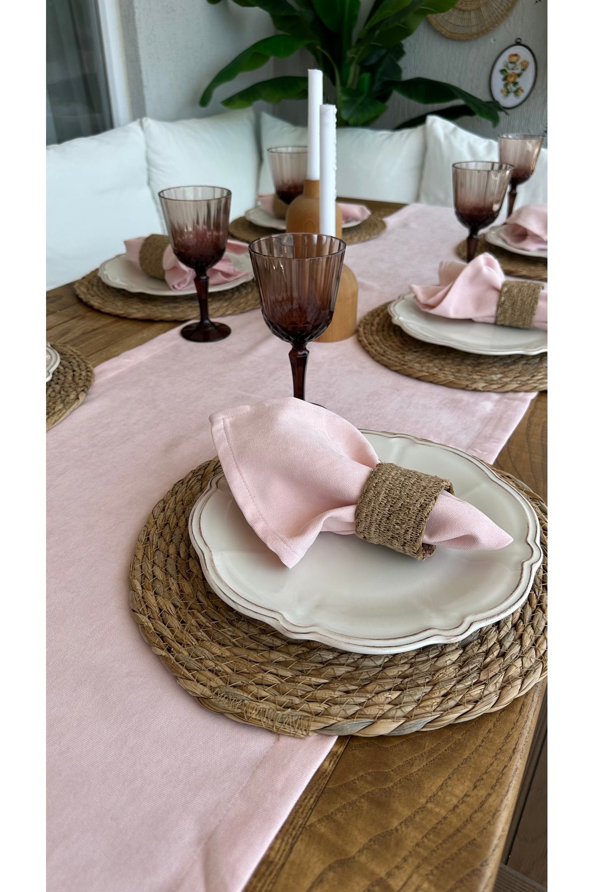 Decamor home Kadife Dokulu Dertsiz Toz Pembe Peçete 6 Ad Kumaş